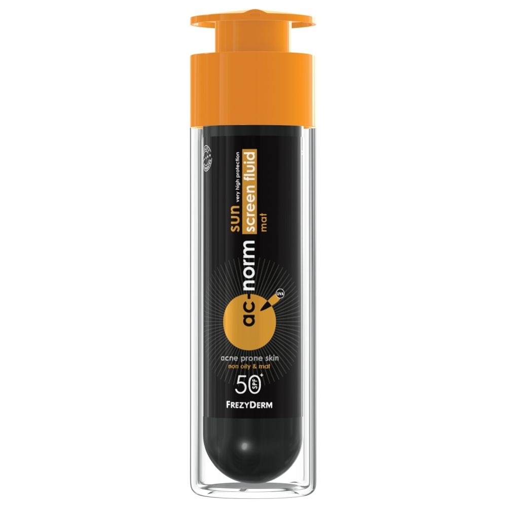 Frezyderm Ac-Norm Zonneschermvloeistof SPF50+ in fles met pompdispenser, voor acne-gevoelige huid.