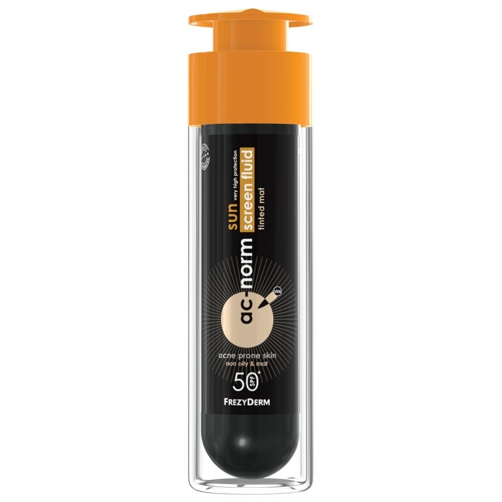 Frezyderm Ac-Norm zonnevloeistof fles met pompdispenser, SPF 50+, getint, matterend.