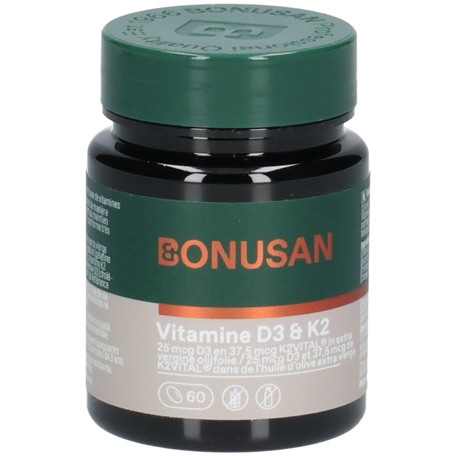 Bouteille Bonusan Vitamine D3 & K2 contenant 60 gélules.