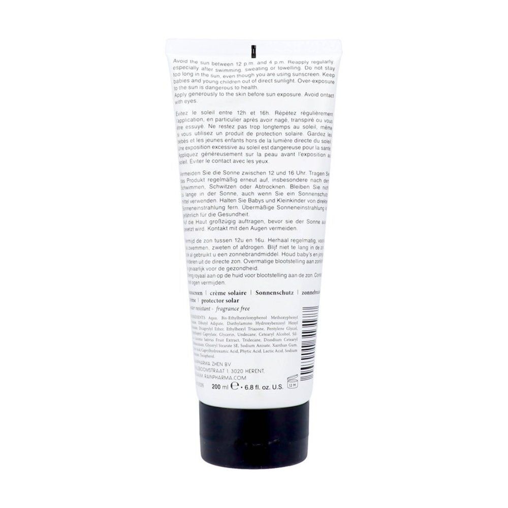 Tube blanc avec bouchon noir, protection solaire Rainpharma SPF 50+, très haute protection visage et corps.