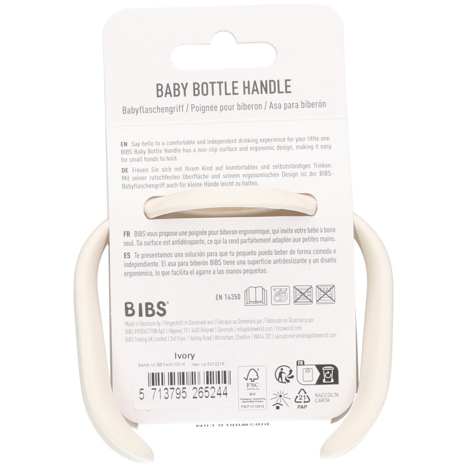 Achterkant van de BIBS babyfles handvat verpakking. Informatie over materiaal en ontwerp. Ivory.