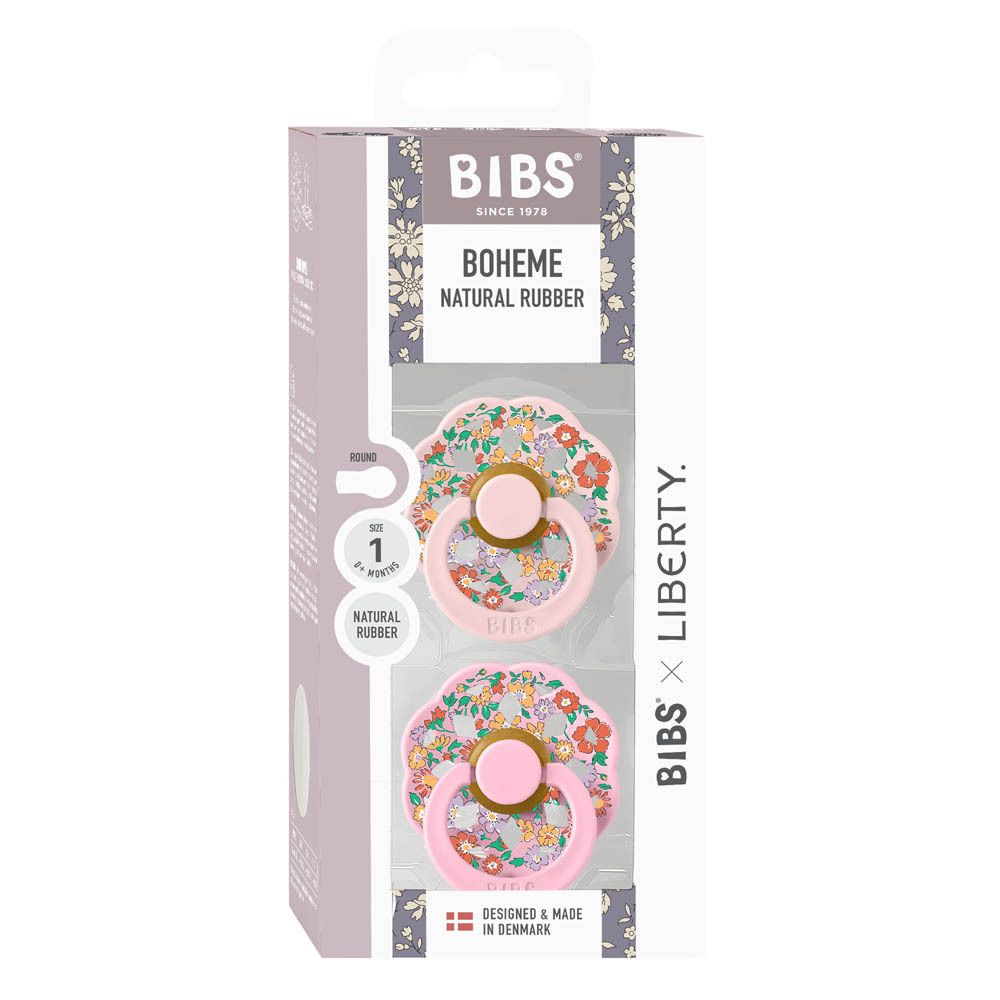 BIBS Boheme x Liberty fopspeen, maat 1, natuurrubber, roze met bloemenprint, los.