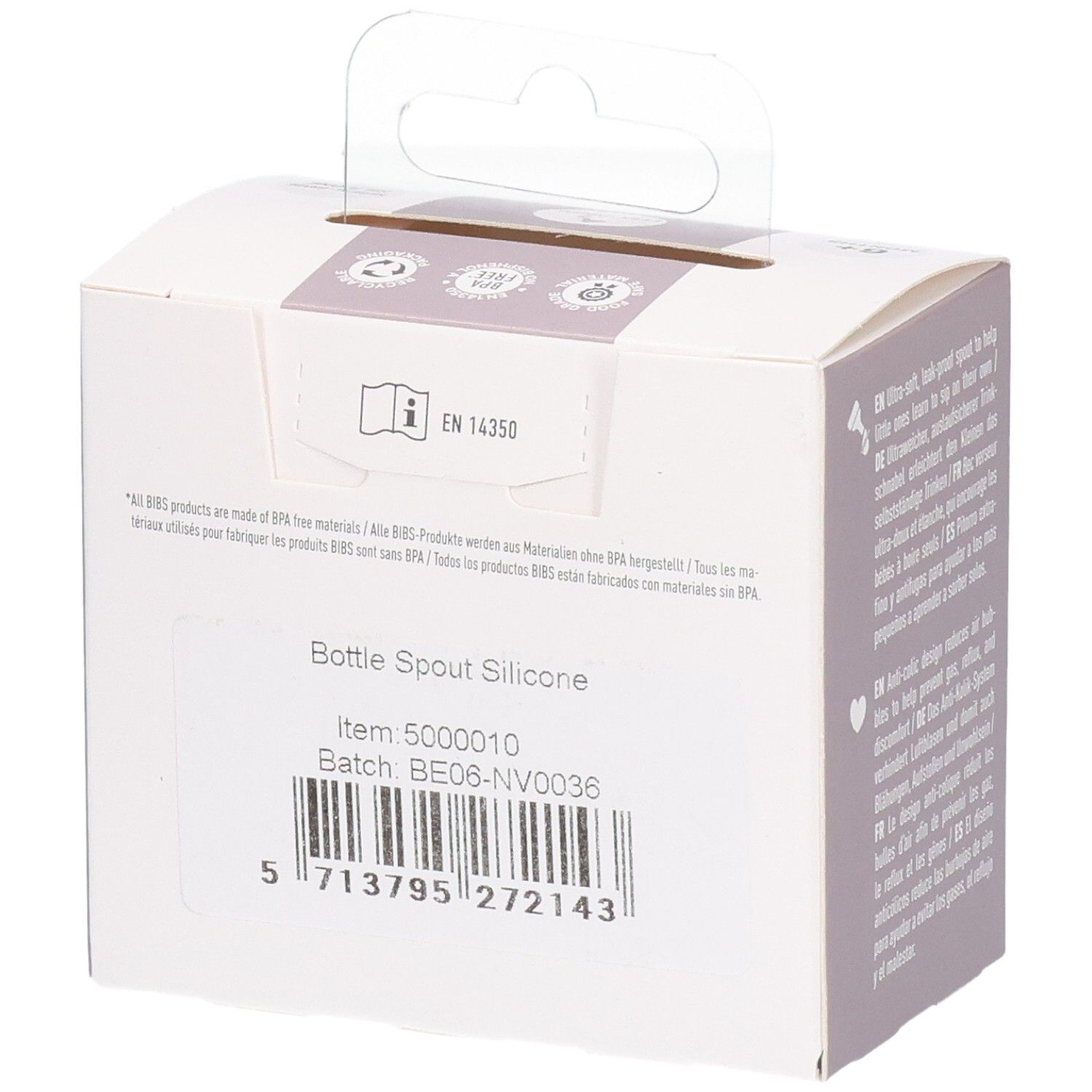 BIBS Flesuitzetter Siliconen, artikel 5000010, batch BE06-NV0036.