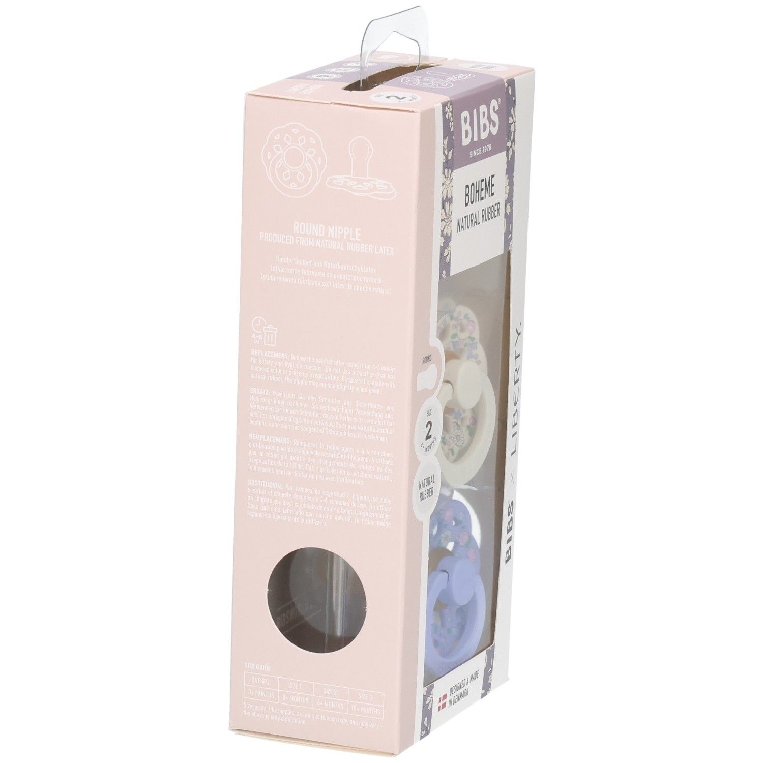 Emballage des sucettes BIBS Boheme x Liberty, taille 2, caoutchouc naturel. Montre deux sucettes à motif floral.