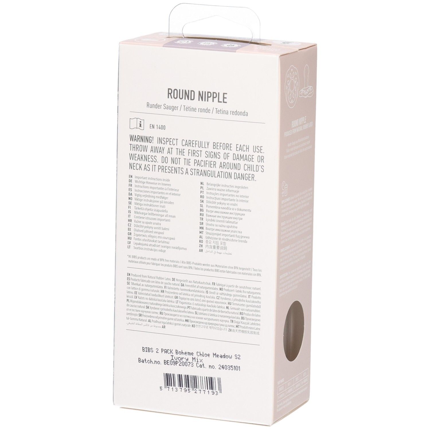 Arrière de l'emballage des sucettes BIBS Boheme x Liberty avec avertissements et informations produit.