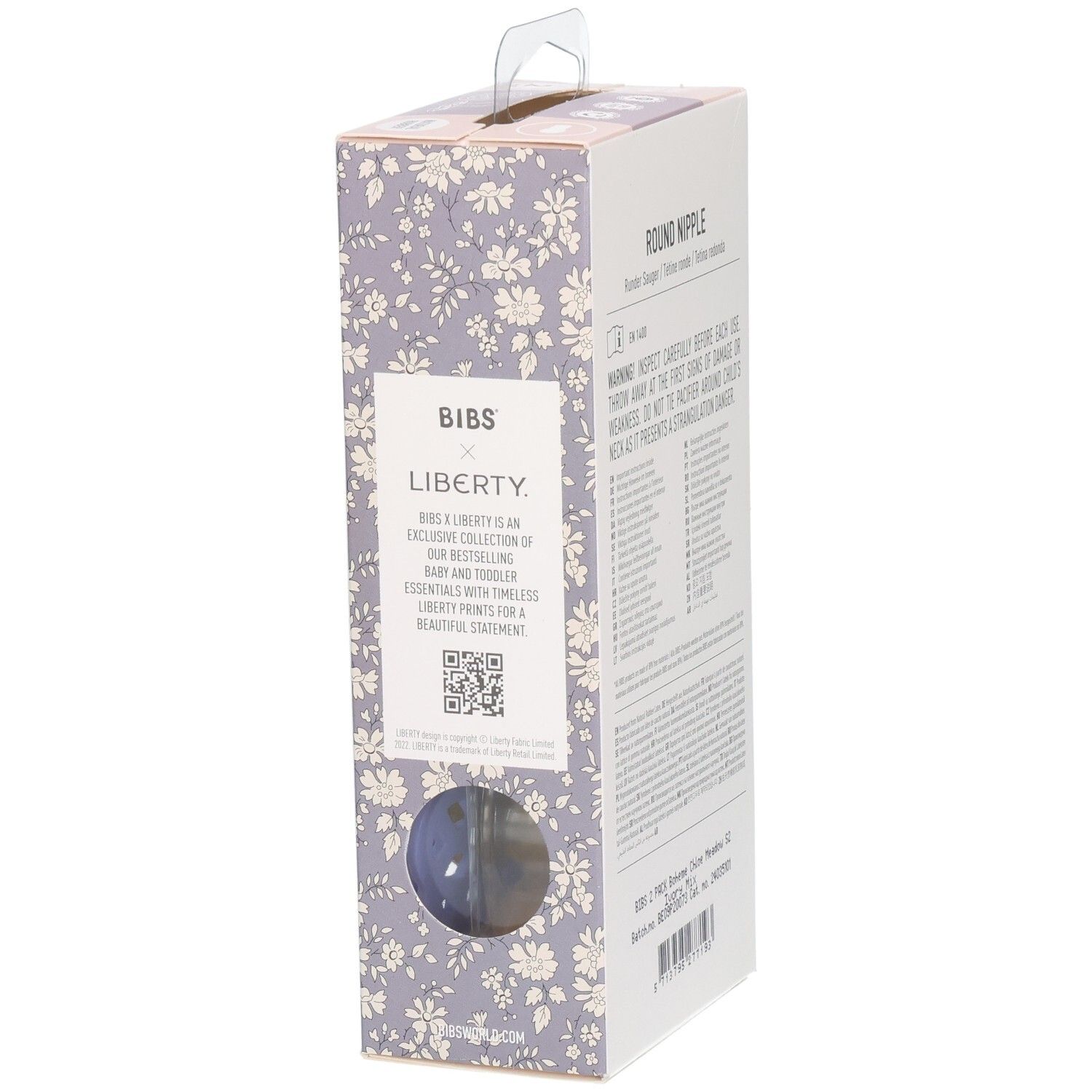 Côté de l'emballage des sucettes BIBS Boheme x Liberty avec description du produit et code QR.