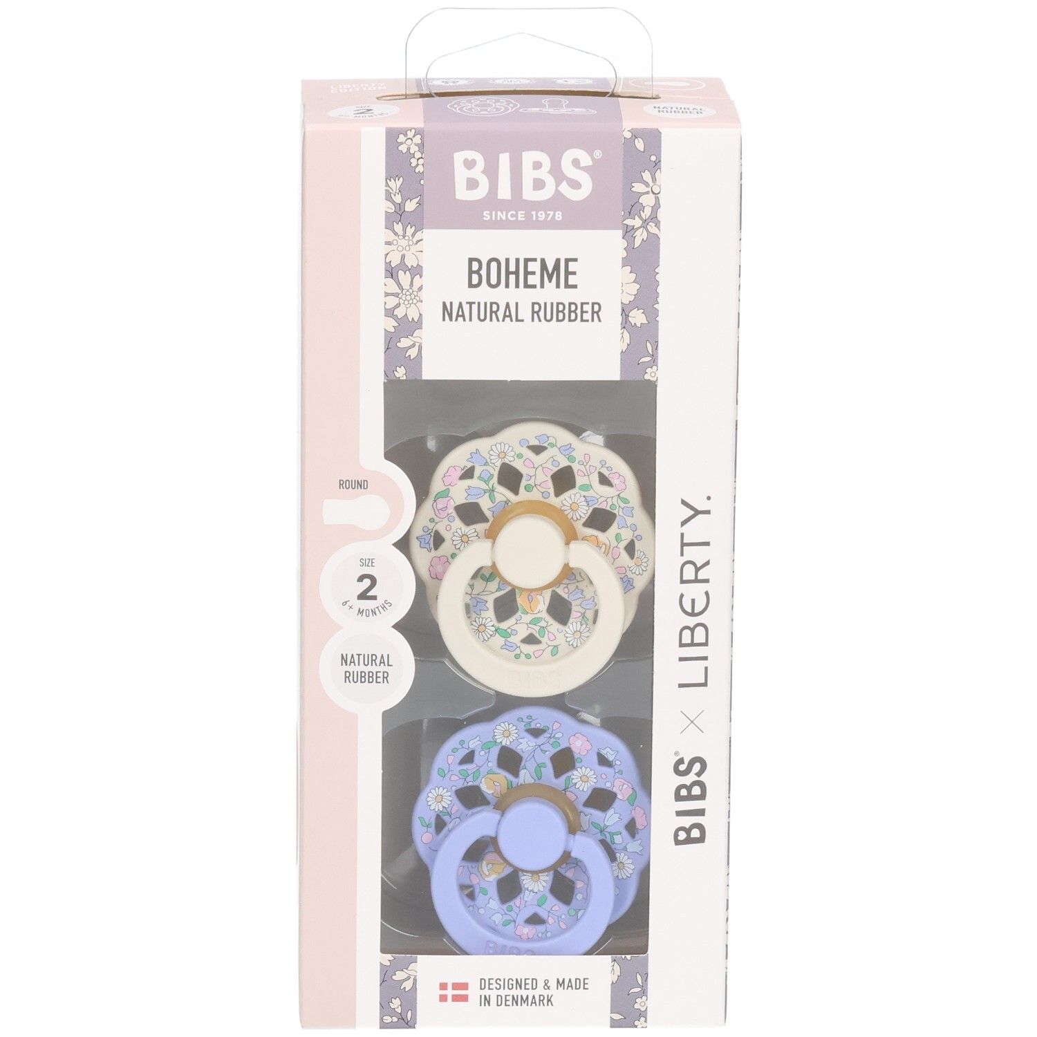 Lot de 2 sucettes BIBS Boheme x Liberty, taille 2, caoutchouc naturel, crème et lilas à motif floral.