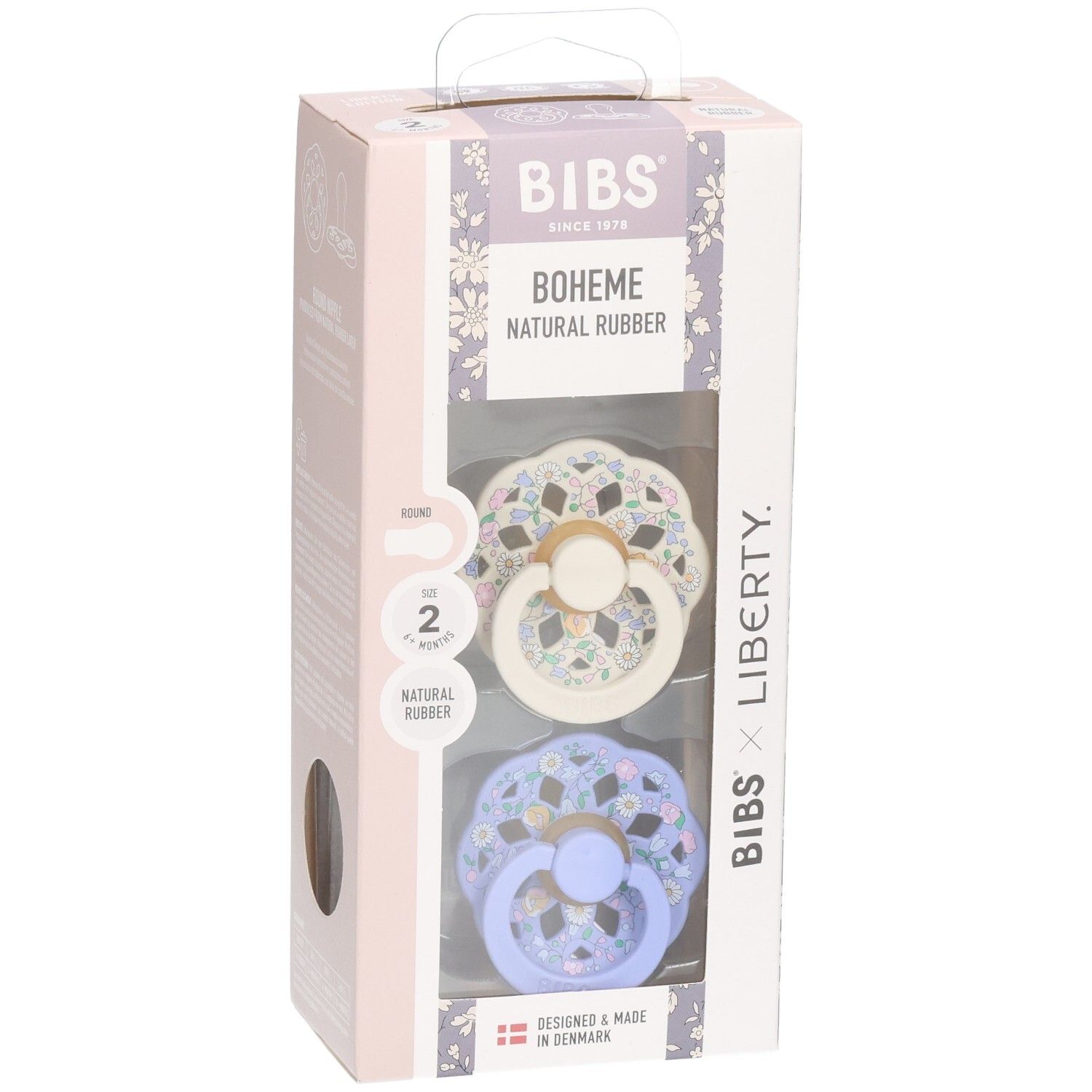 Lot de 2 sucettes BIBS Boheme x Liberty, taille 2, caoutchouc naturel, crème et lilas à motif floral.