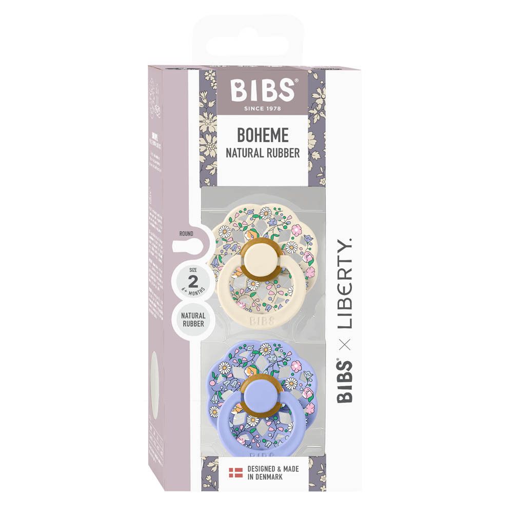 BIBS Boheme x Liberty speentje, maat 2, natuurrubber, lila met bloemenprint en paars speengedeelte.