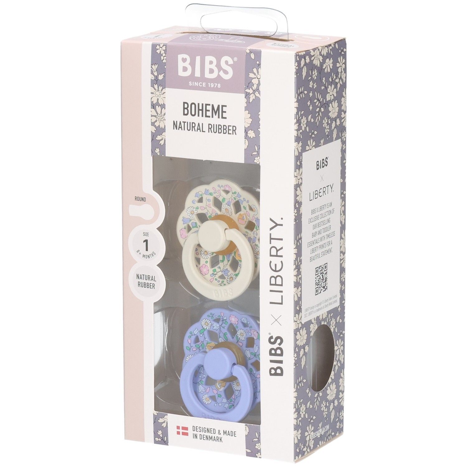 Lot de 2 sucettes BIBS Boheme x Liberty, taille 1, caoutchouc naturel, crème et lavande.