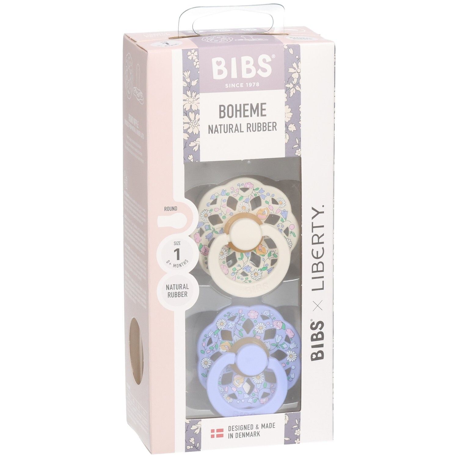 Sucette BIBS Boheme x Liberty, taille 1, caoutchouc naturel, motif floral, lavande.