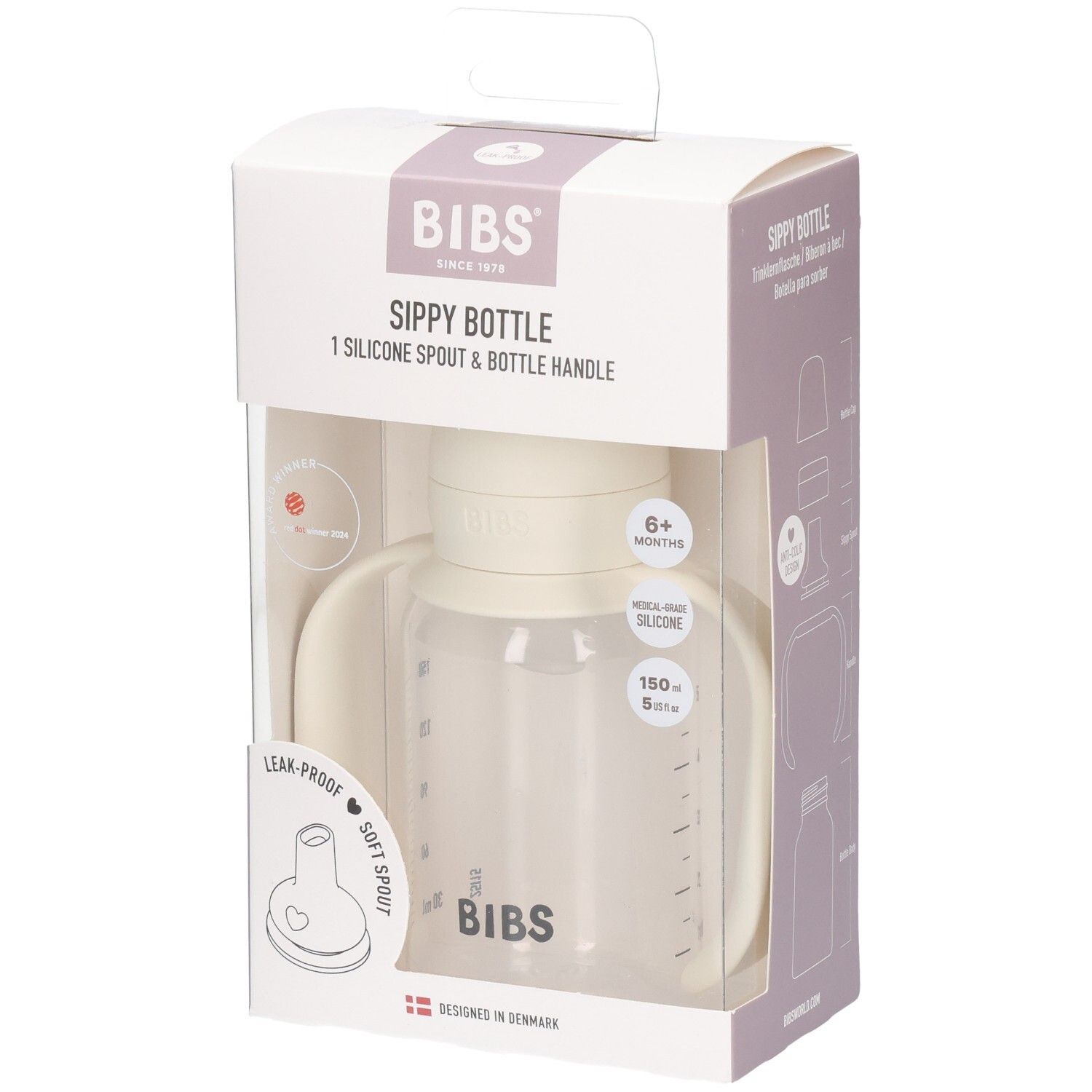 BIBS Sippy fles in Ivory, 150ml, met handvatten en siliconen tuit.