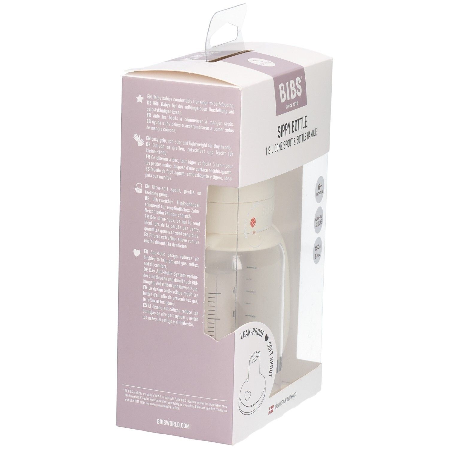 Achterkant van de BIBS Sippy fles verpakking met meertalige informatie.