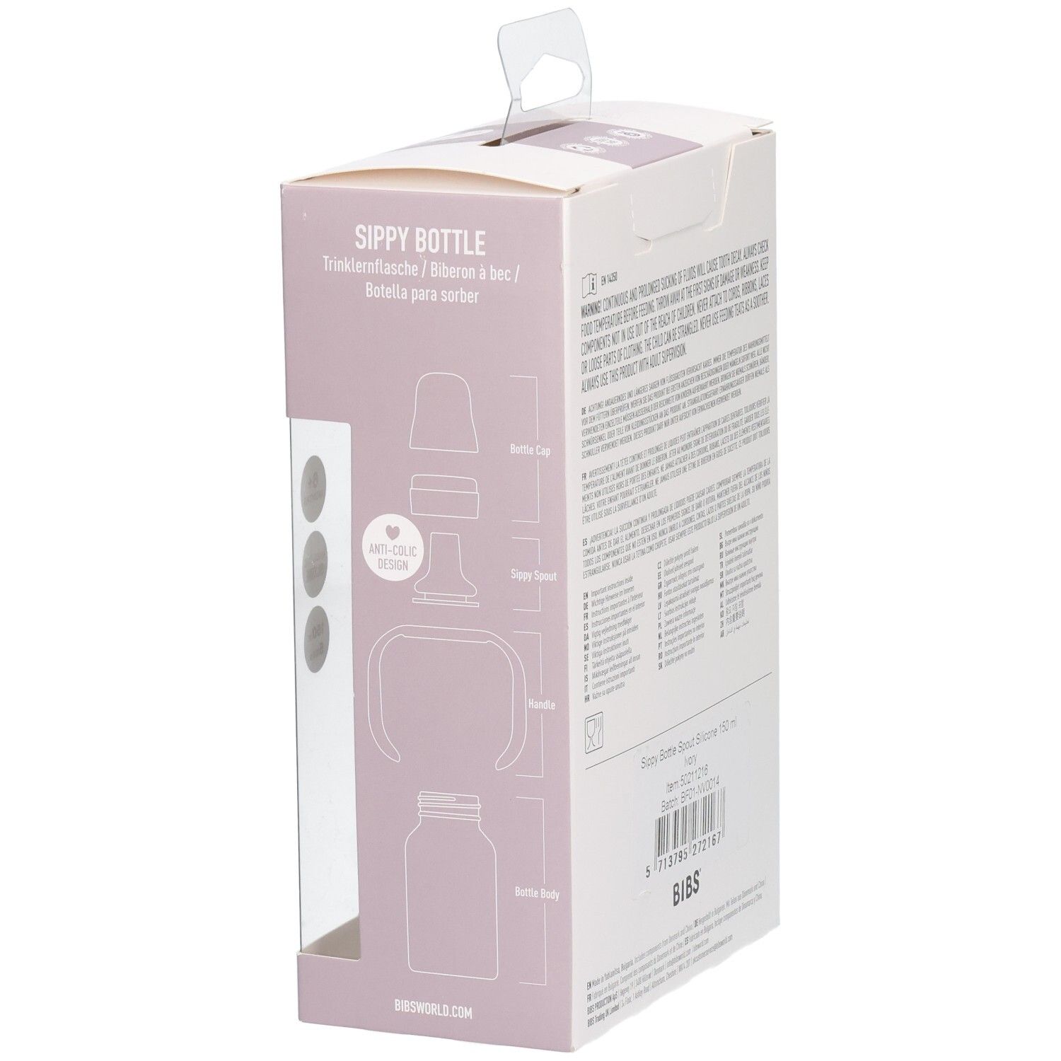 Zijaanzicht van de BIBS Sippy fles verpakking met producttekening.