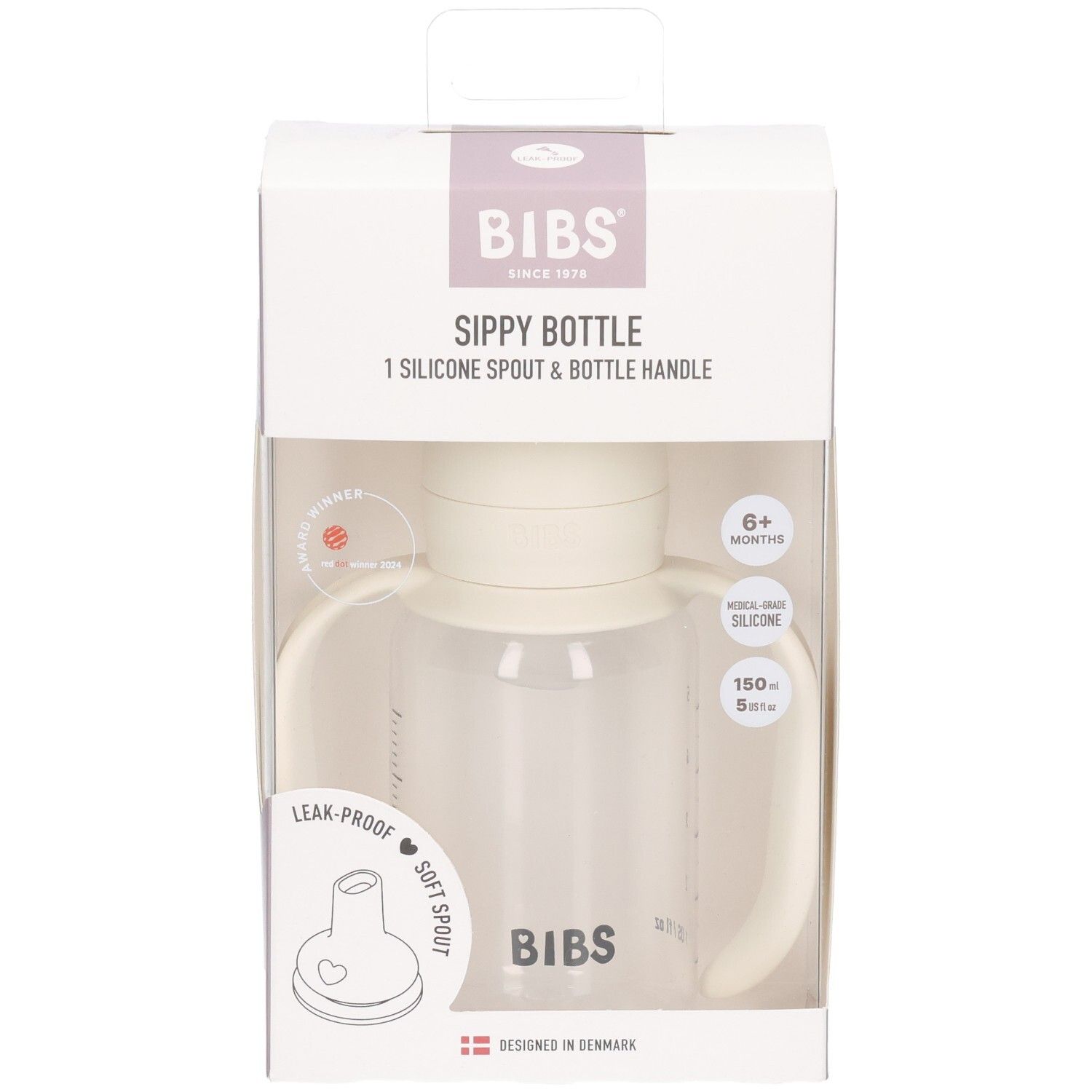 BIBS Sippy fles in Ivory, 150ml, met handvatten en siliconen tuit, vooraanzicht.