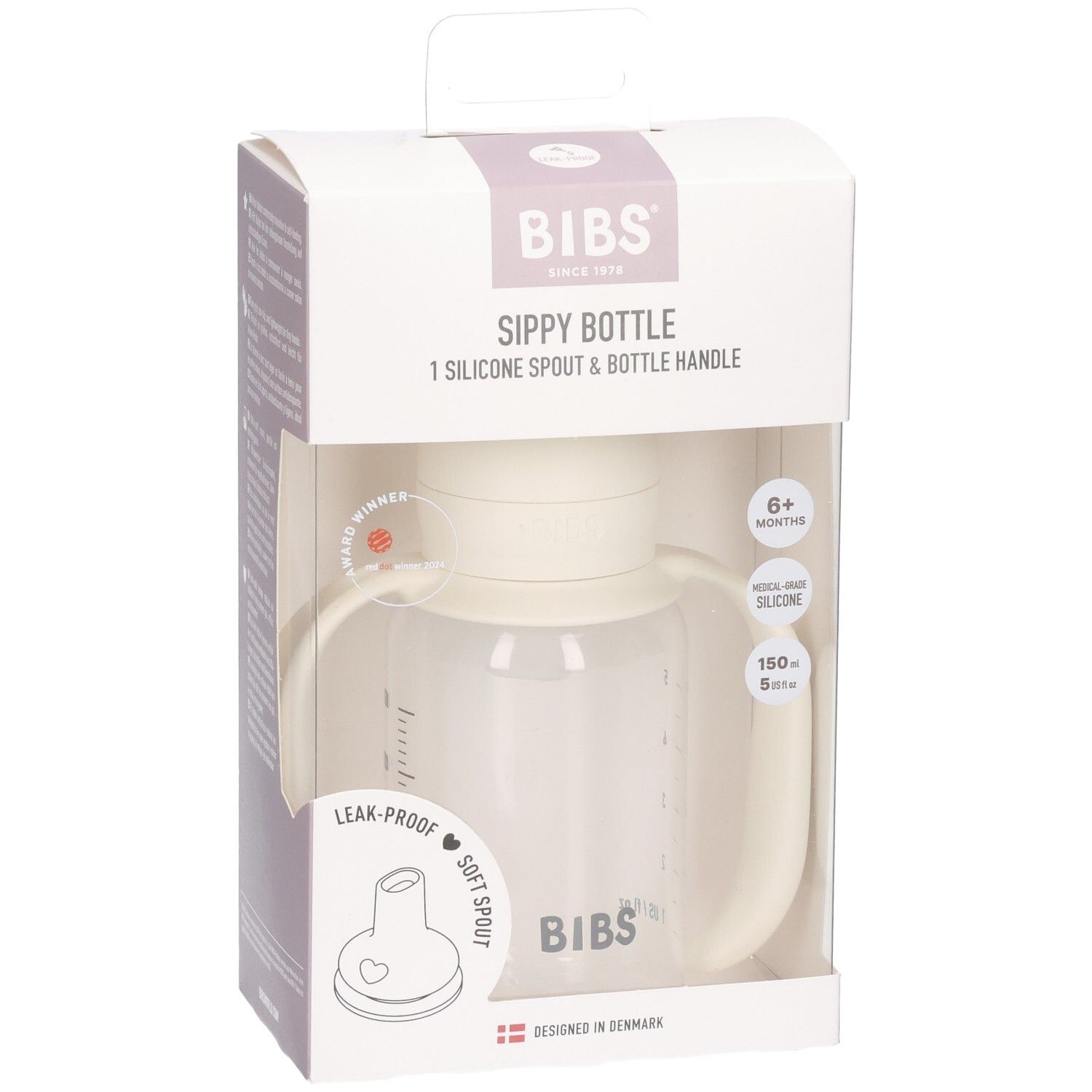 BIBS Sippy fles in Ivory, 150ml, met handvatten en siliconen tuit, licht schuin.