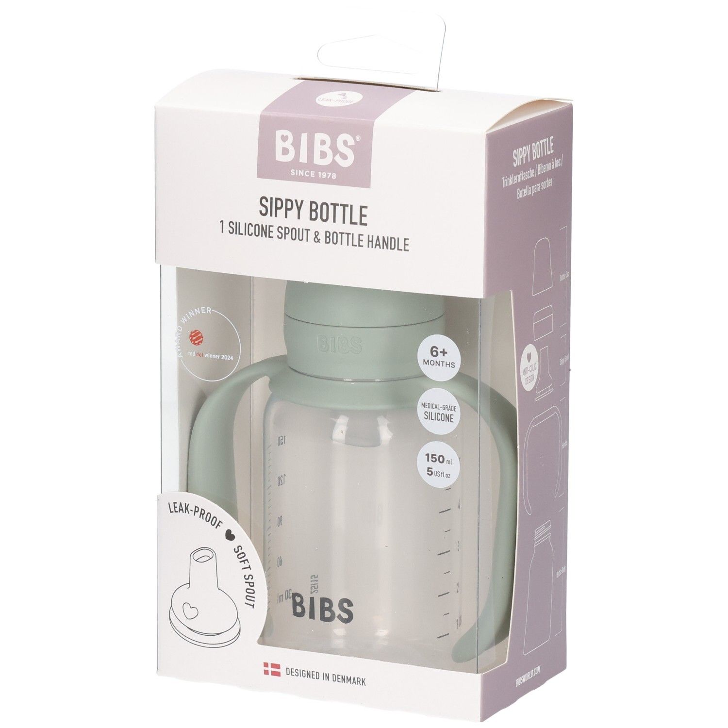 Biberon BIBS Sage, 150ml, avec bec verseur et poignées. Silicone de qualité médicale.