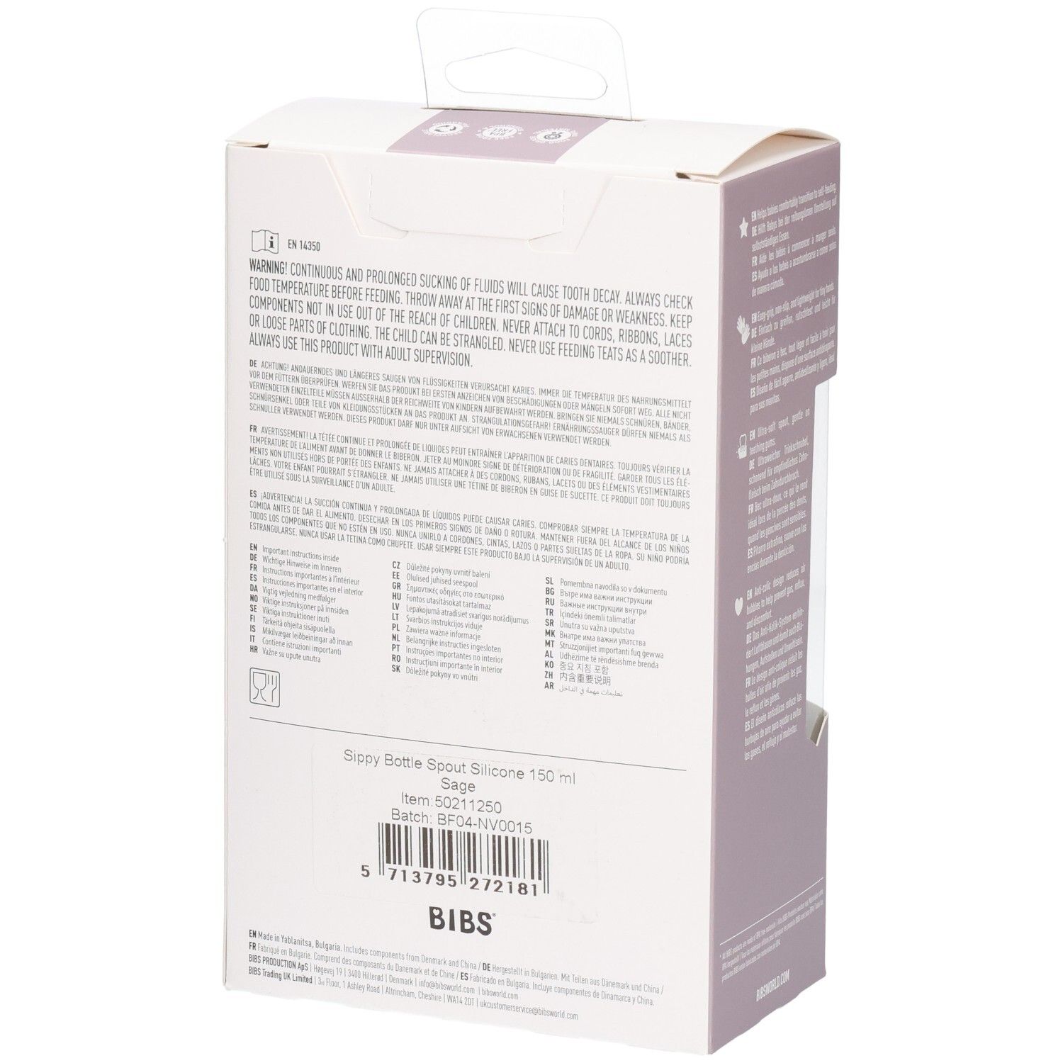 Arrière de l'emballage du biberon BIBS avec avertissements, informations produit et code-barres.