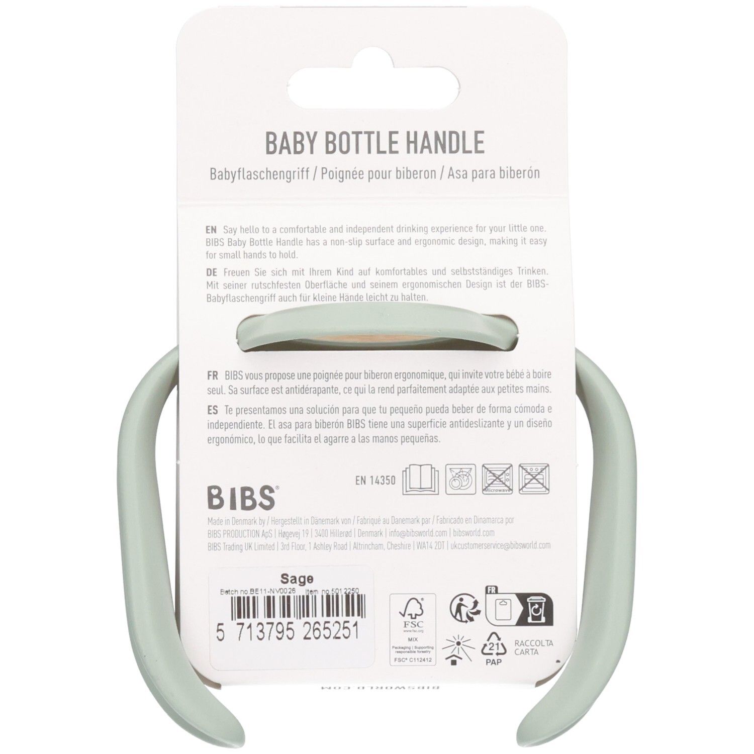 Babyfles handvat in saliegroen, ergonomisch ontworpen voor kleine handen.