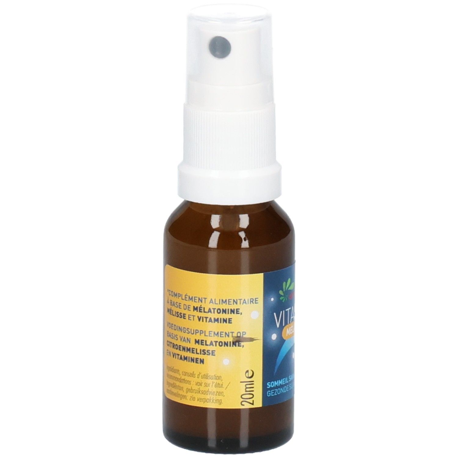 Arrière d'un flacon spray brun avec étiquette indiquant les ingrédients et 20 ml.