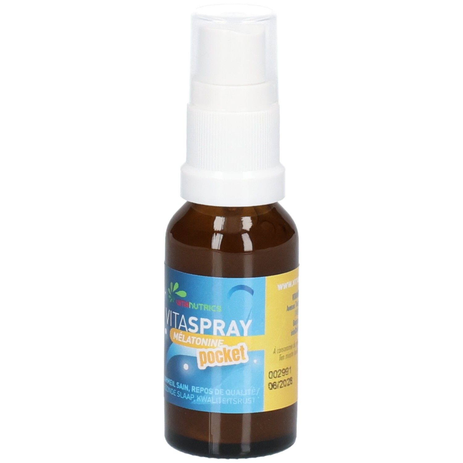 Flacon spray brun avec bouchon blanc et étiquette Vitanutrics Vitaspray Melatonin Pocket.