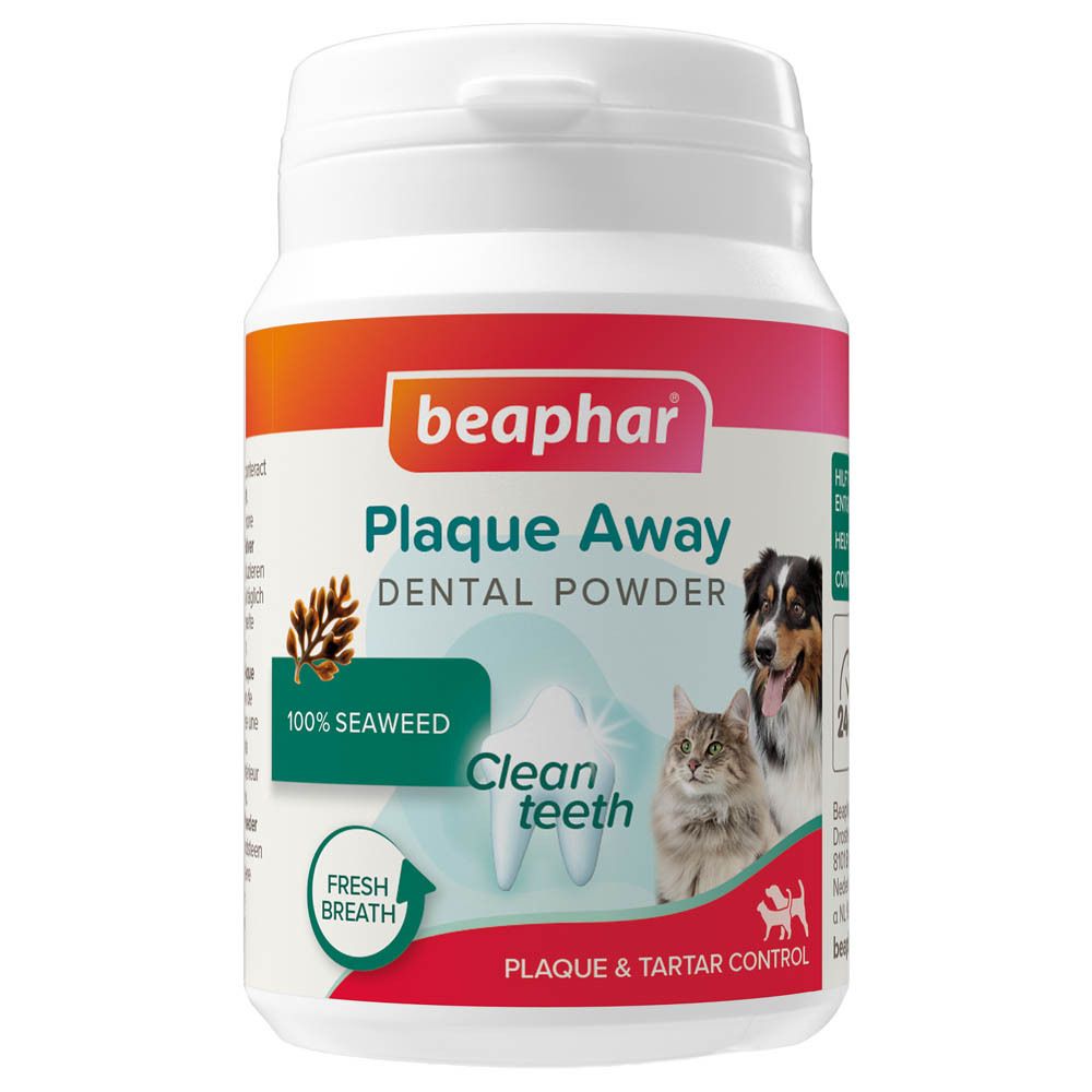 Beaphar Plaque Away Dental Powder pot met hond en kat, 100% zeewier voor schone tanden.