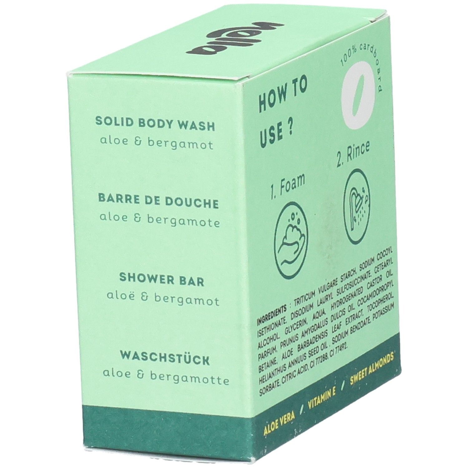 Savon corps solide Nolla Aloe & Bergamote. Ingrédients et instructions en français.