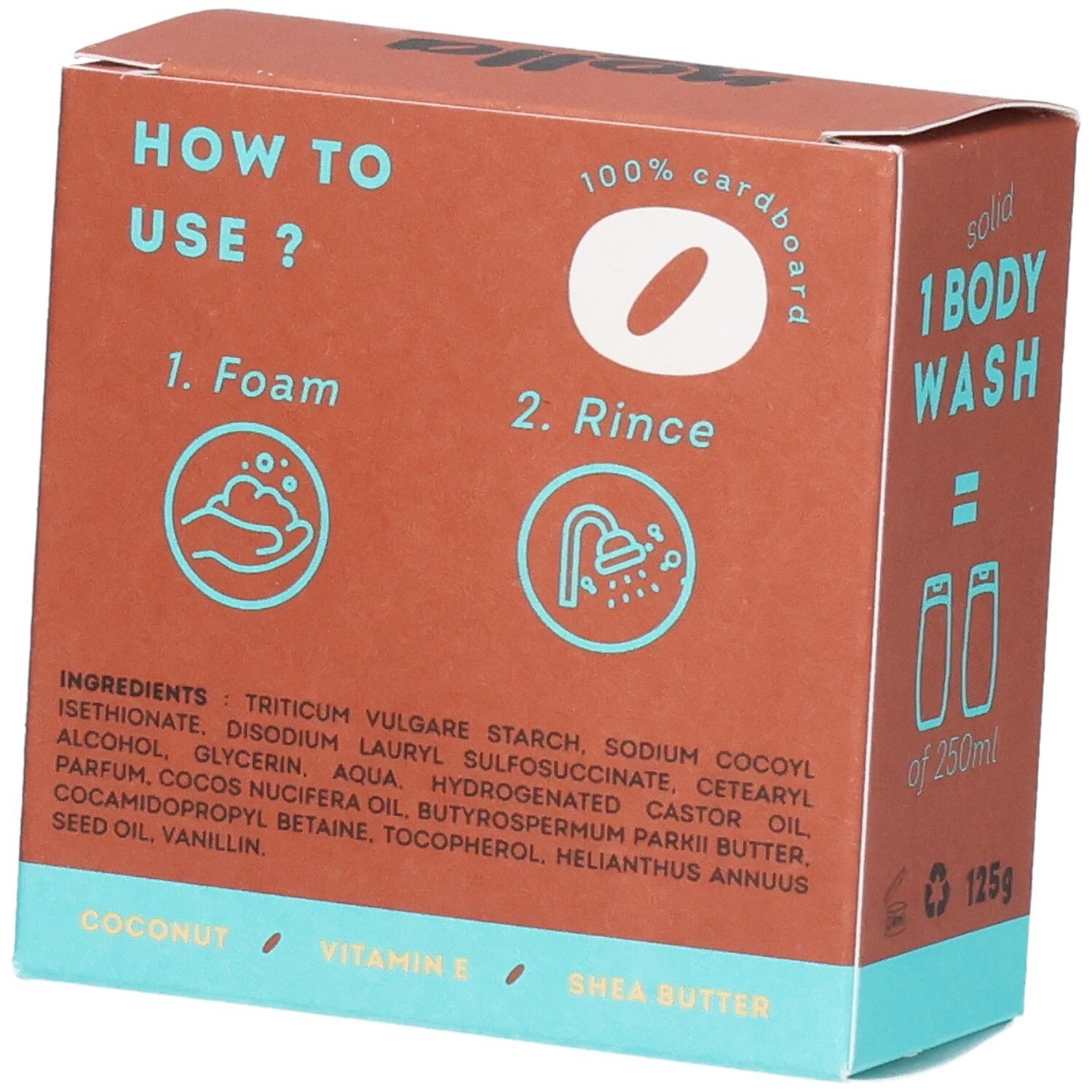Instructies: Nolla vaste lichaamszeep, schuim maken en afspoelen. Ingrediënten zichtbaar.