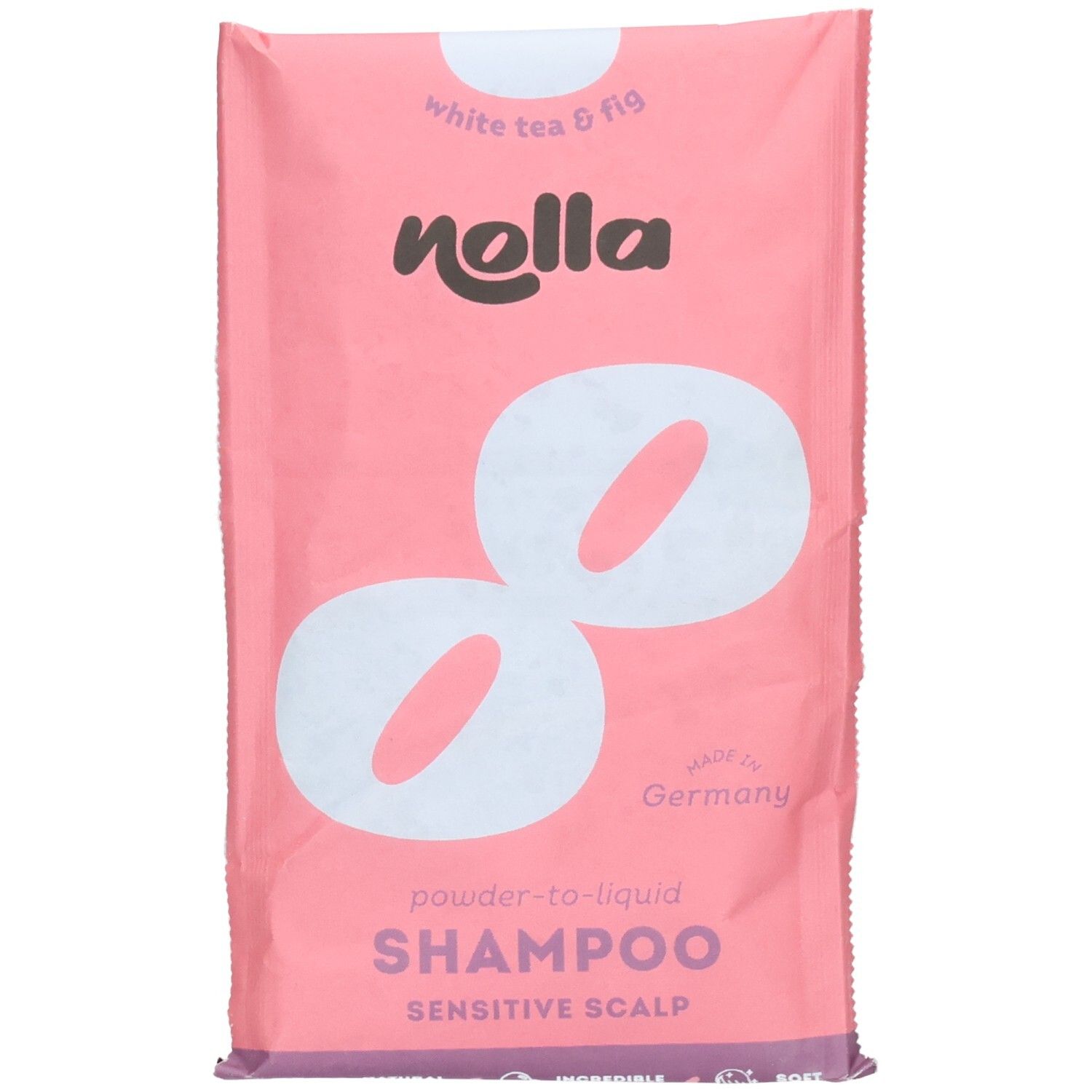 Shampoing Nolla, thé blanc & figue, poudre en liquide, pour cuir chevelu sensible.