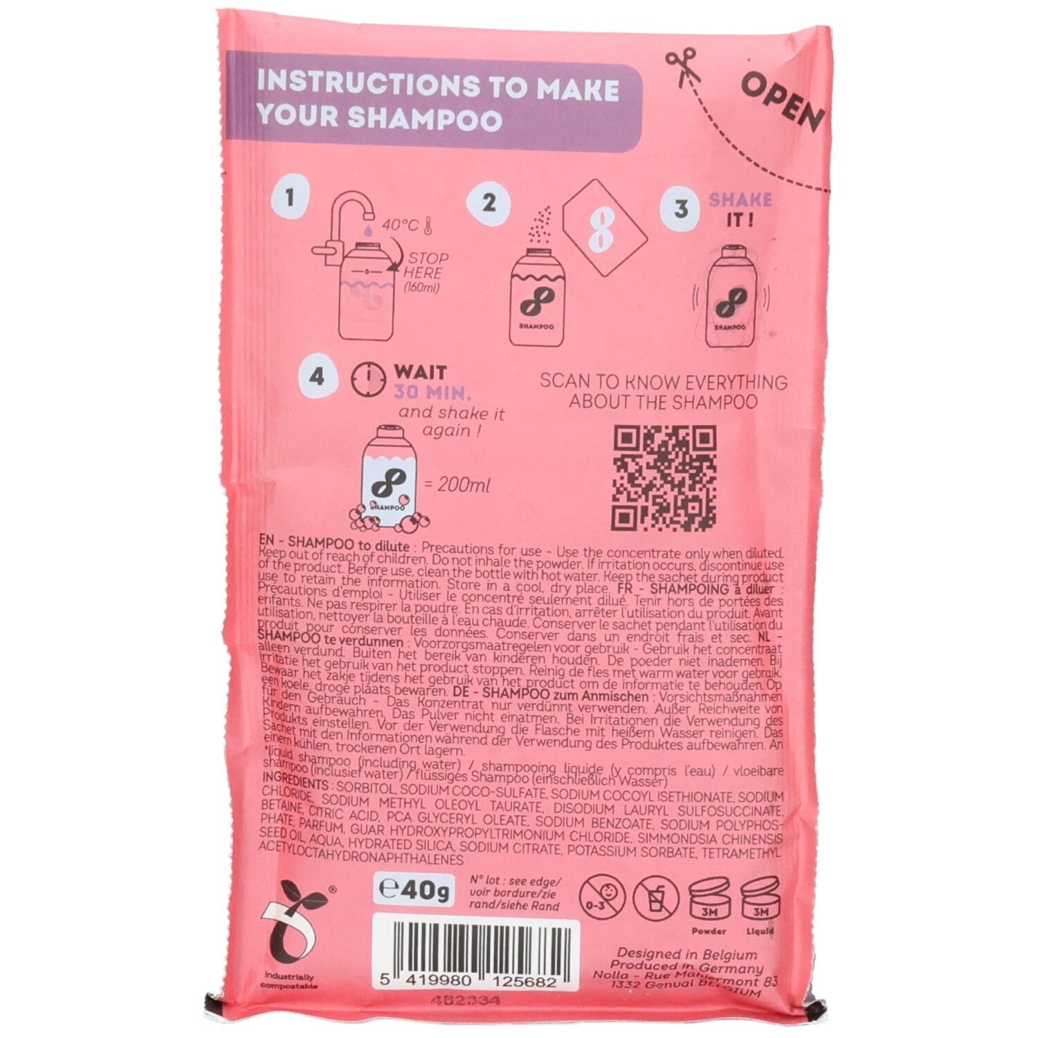 Arrière de l'emballage du shampoing Nolla avec instructions de préparation et ingrédients.