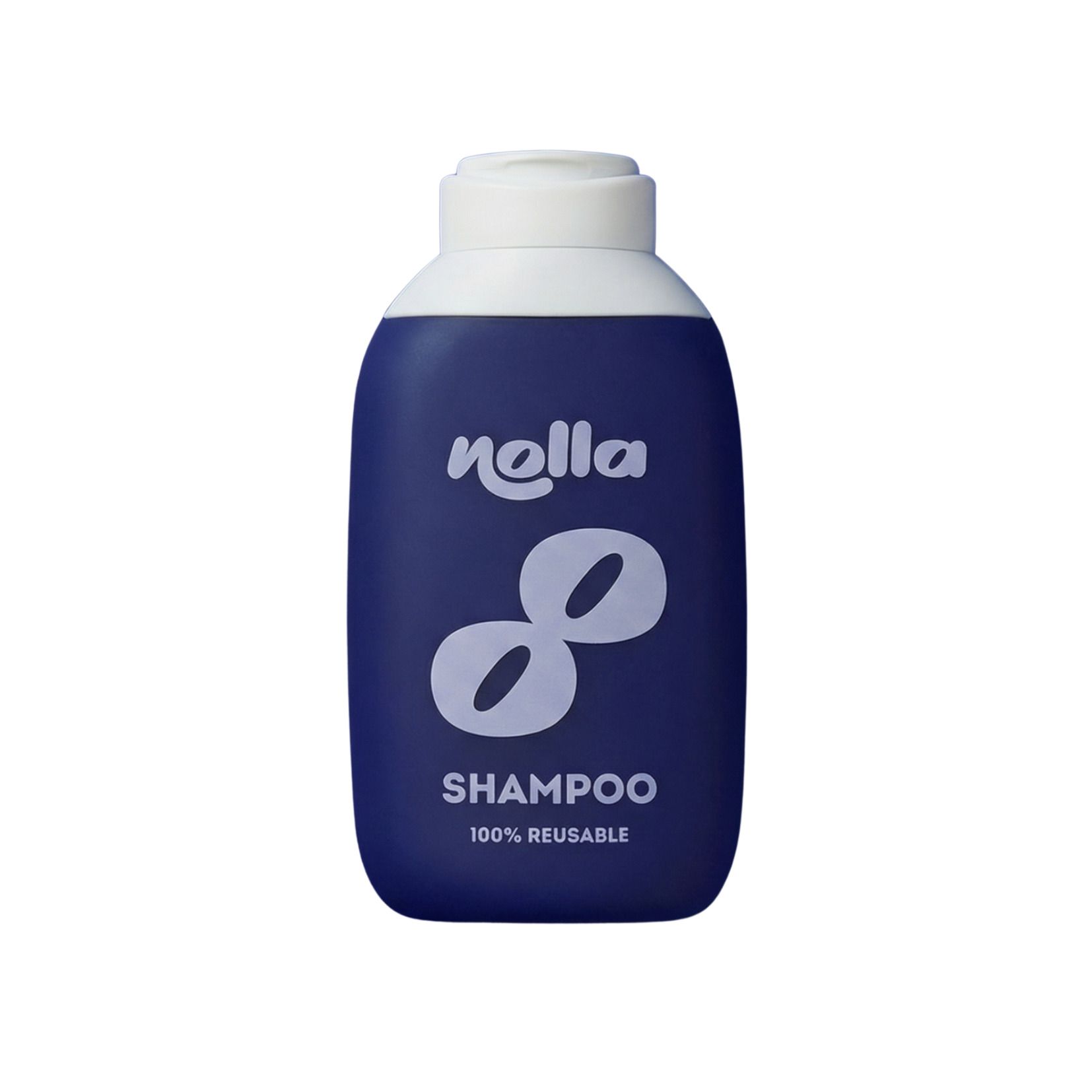Donkerblauwe, hervulbare Nolla shampoo fles met witte dop en logo.
