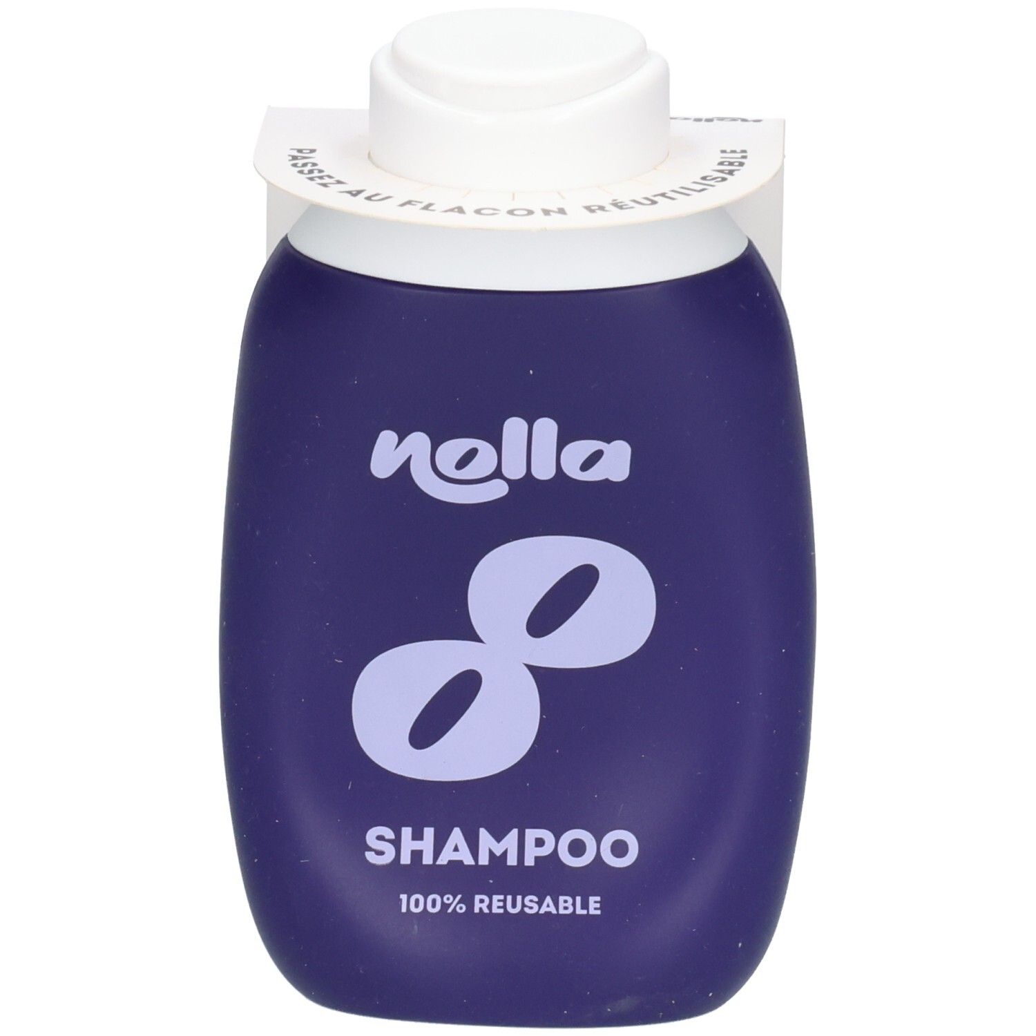 Donkerblauwe, hervulbare Nolla shampoo fles met witte dop en logo.