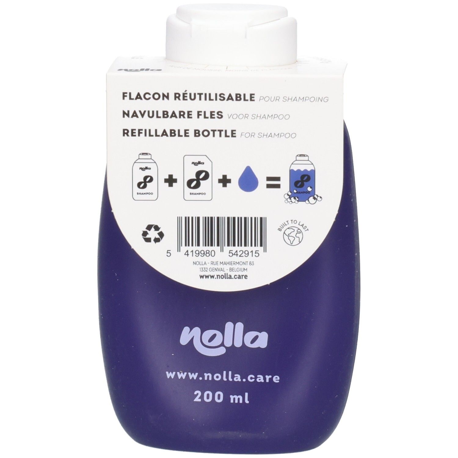 Achterkant van een donkerblauwe, hervulbare Nolla shampoo fles met productinformatie en logo.