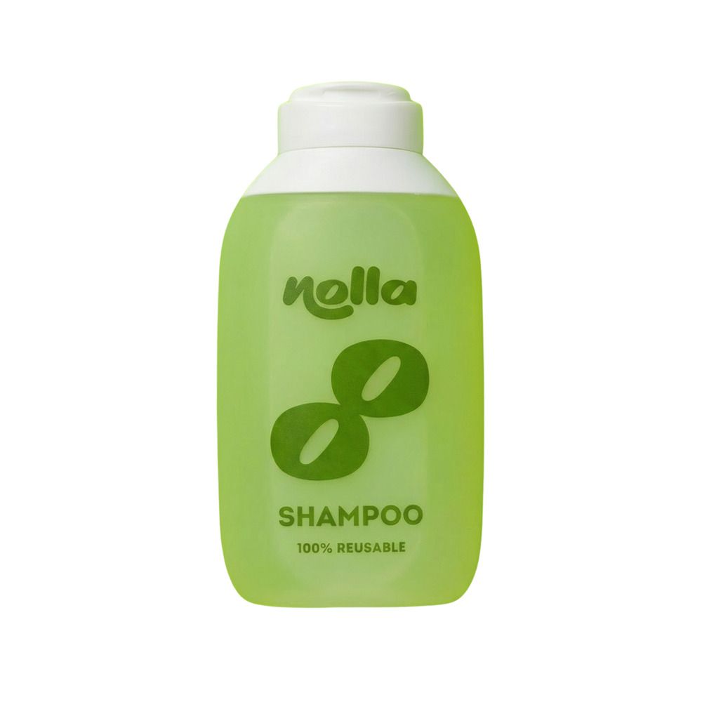 Groene, herbruikbare shampoofles met witte dop en logo.