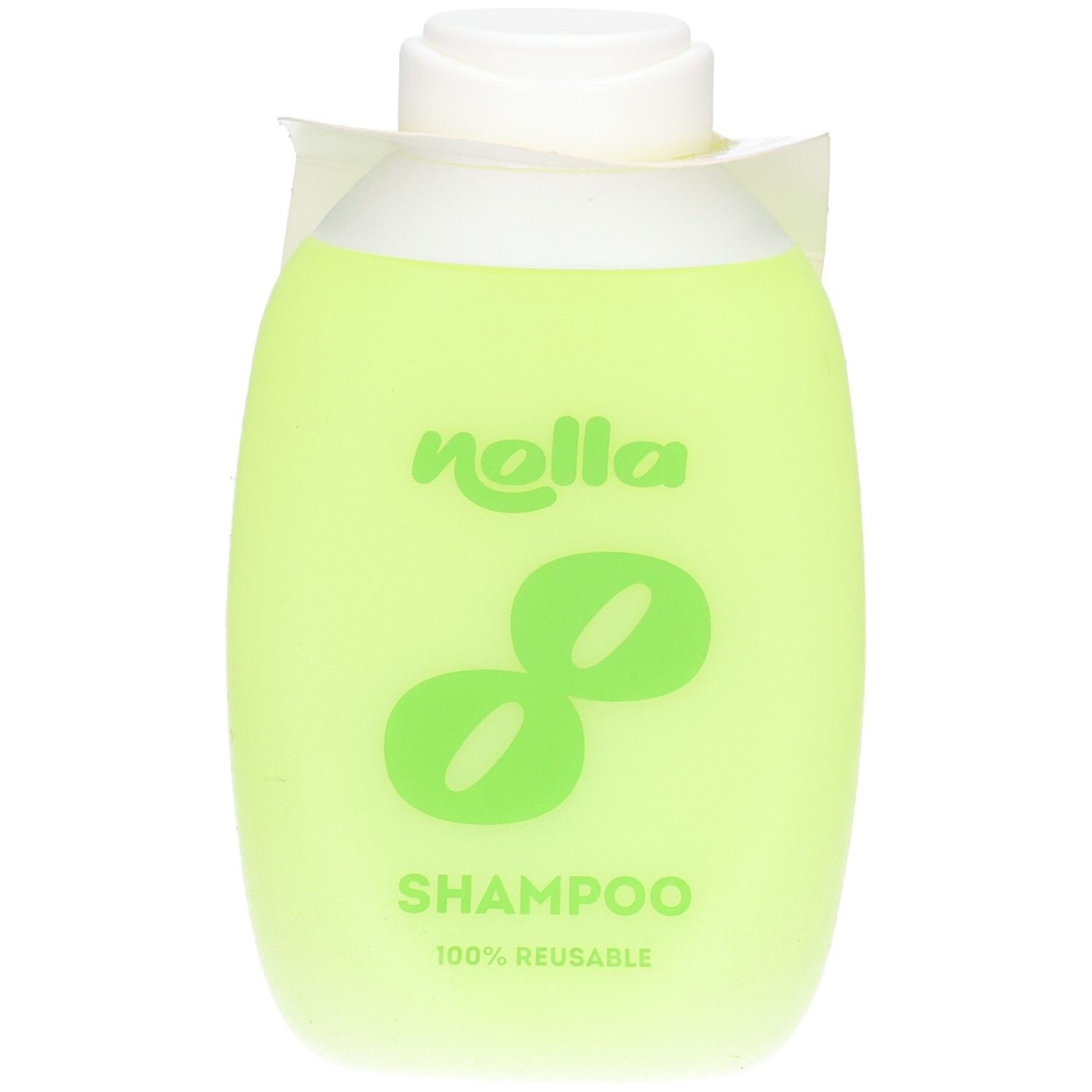 Flacon de shampoing vert réutilisable avec bouchon blanc et logo.