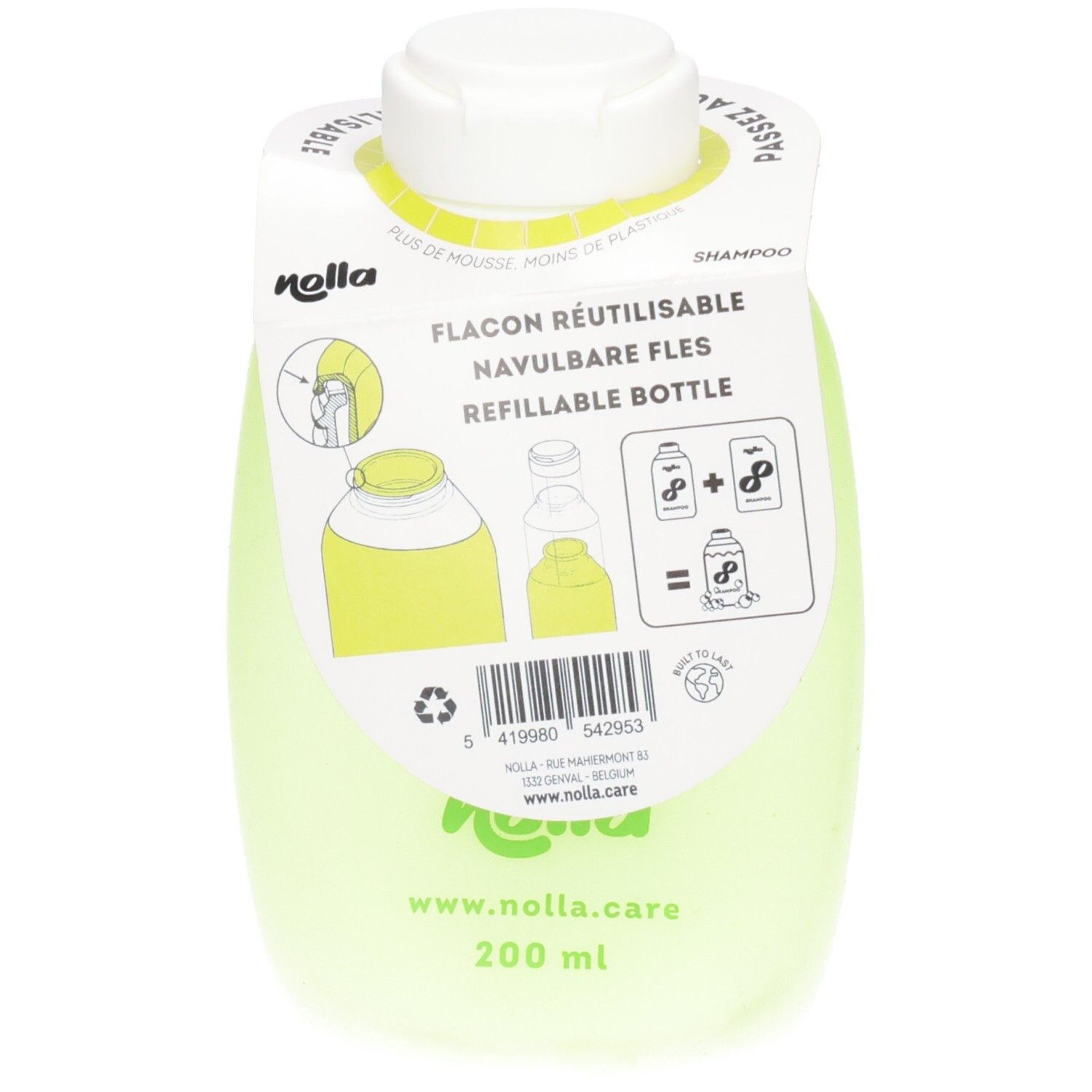 Arrière d'un flacon de shampoing vert réutilisable avec informations et code-barres.