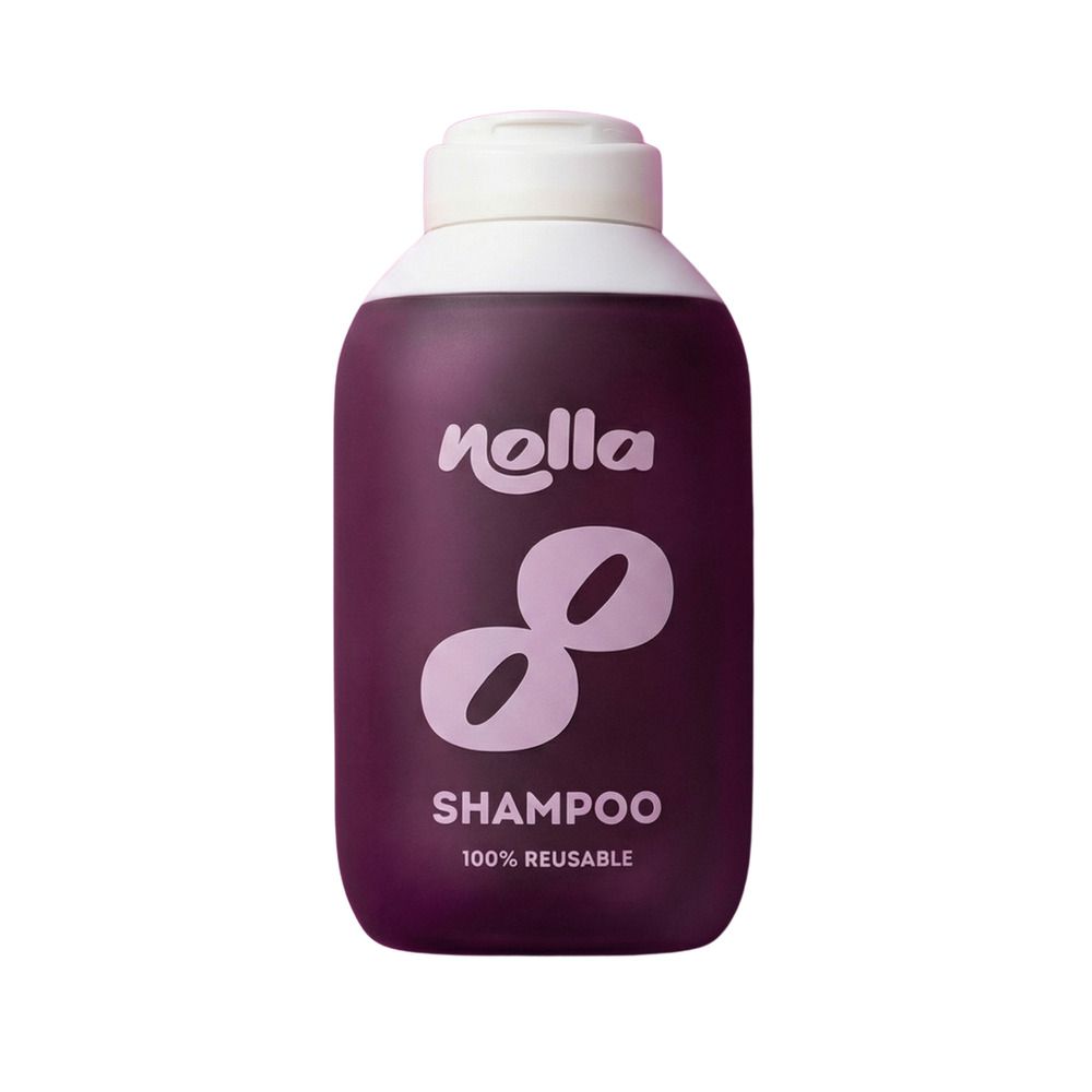 Paarse Nolla shampoofles met witte dop en lila "8"-logo. 100% herbruikbaar.