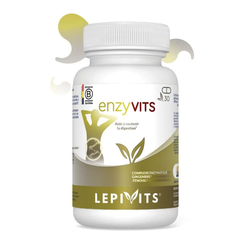 Fles met 30 capsules spijsverteringsenzymen.