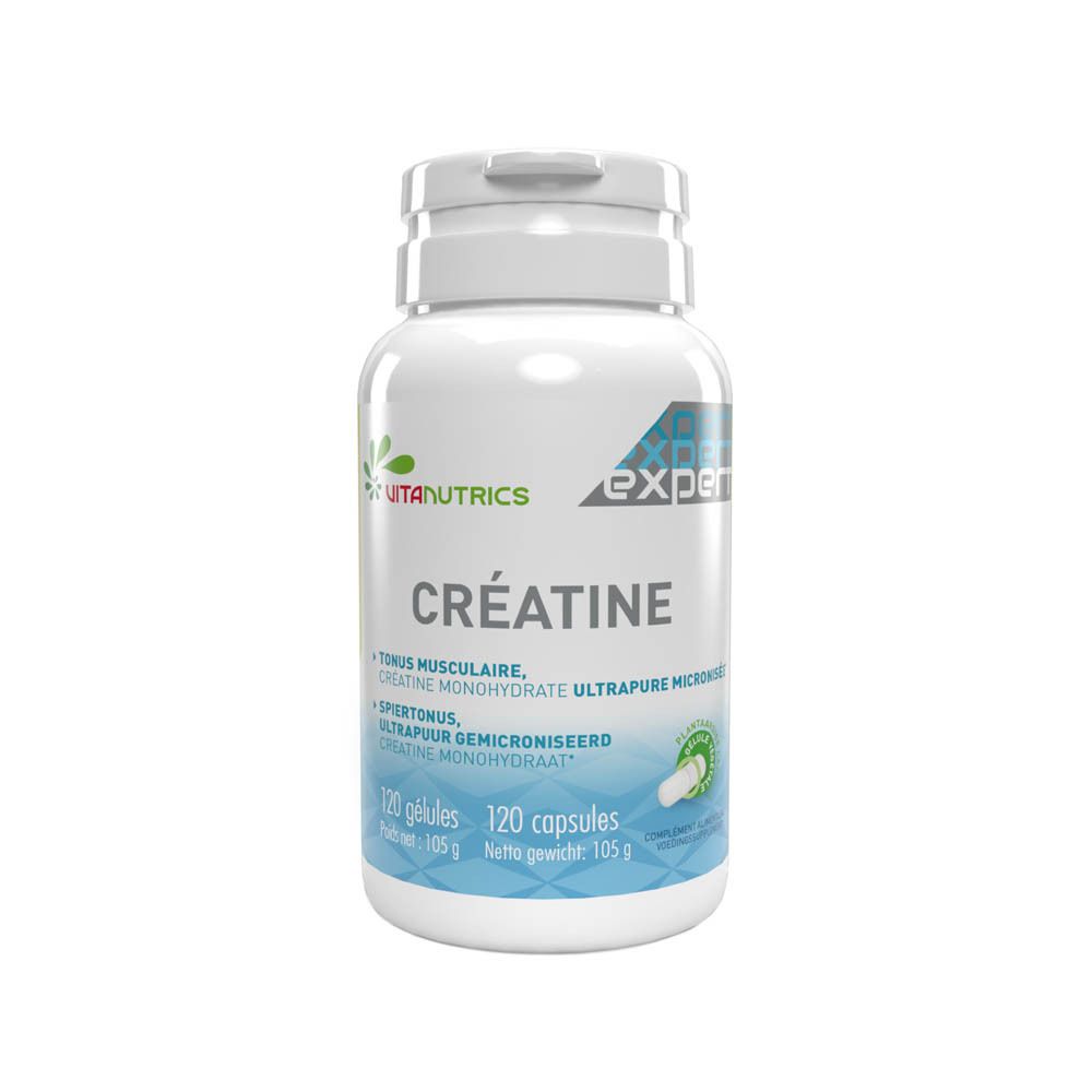 Vitanutrics Creatine Expert Capsules: Fles met etiket waarop '120 capsules' en '105 g' staat.