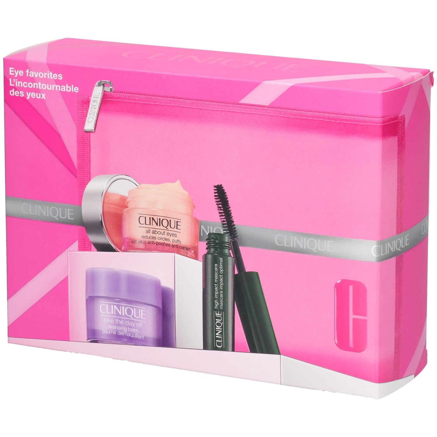 Coffret de soins oculaires Clinique dans une trousse de toilette rose avec pot de crème, mascara et crème pour les yeux.
