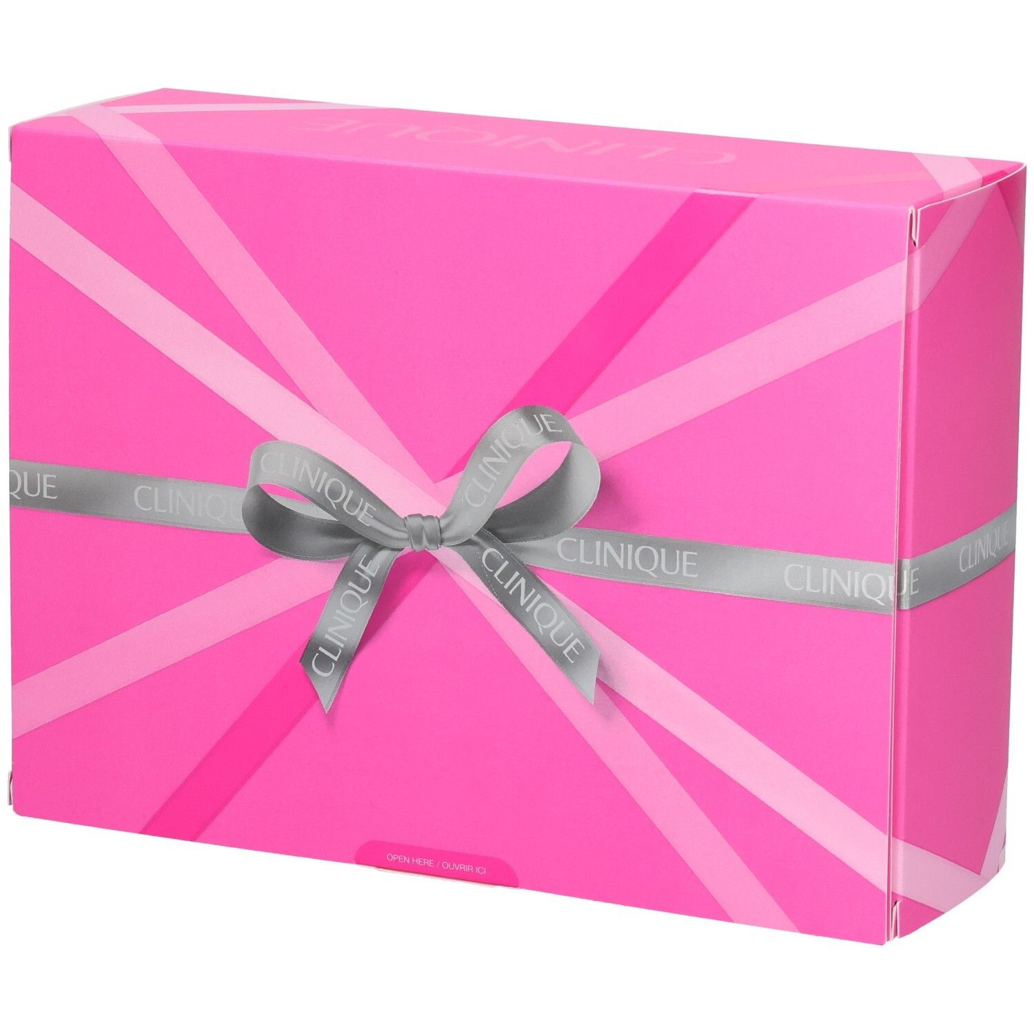Boîte cadeau Clinique fermée, motif rayures roses, ruban Clinique.