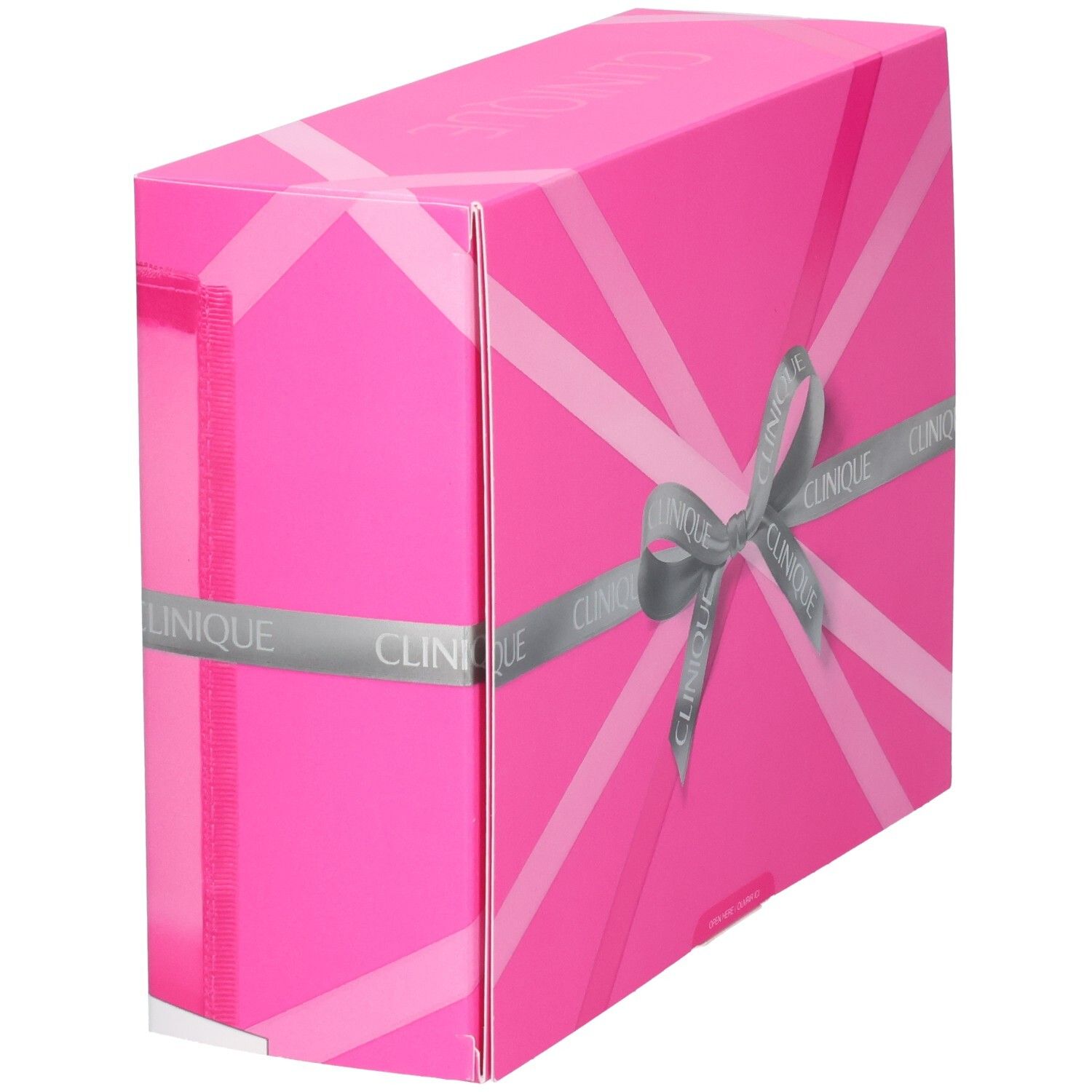 Boîte cadeau Clinique fermée, vue latérale, motif rayures roses, ruban Clinique.