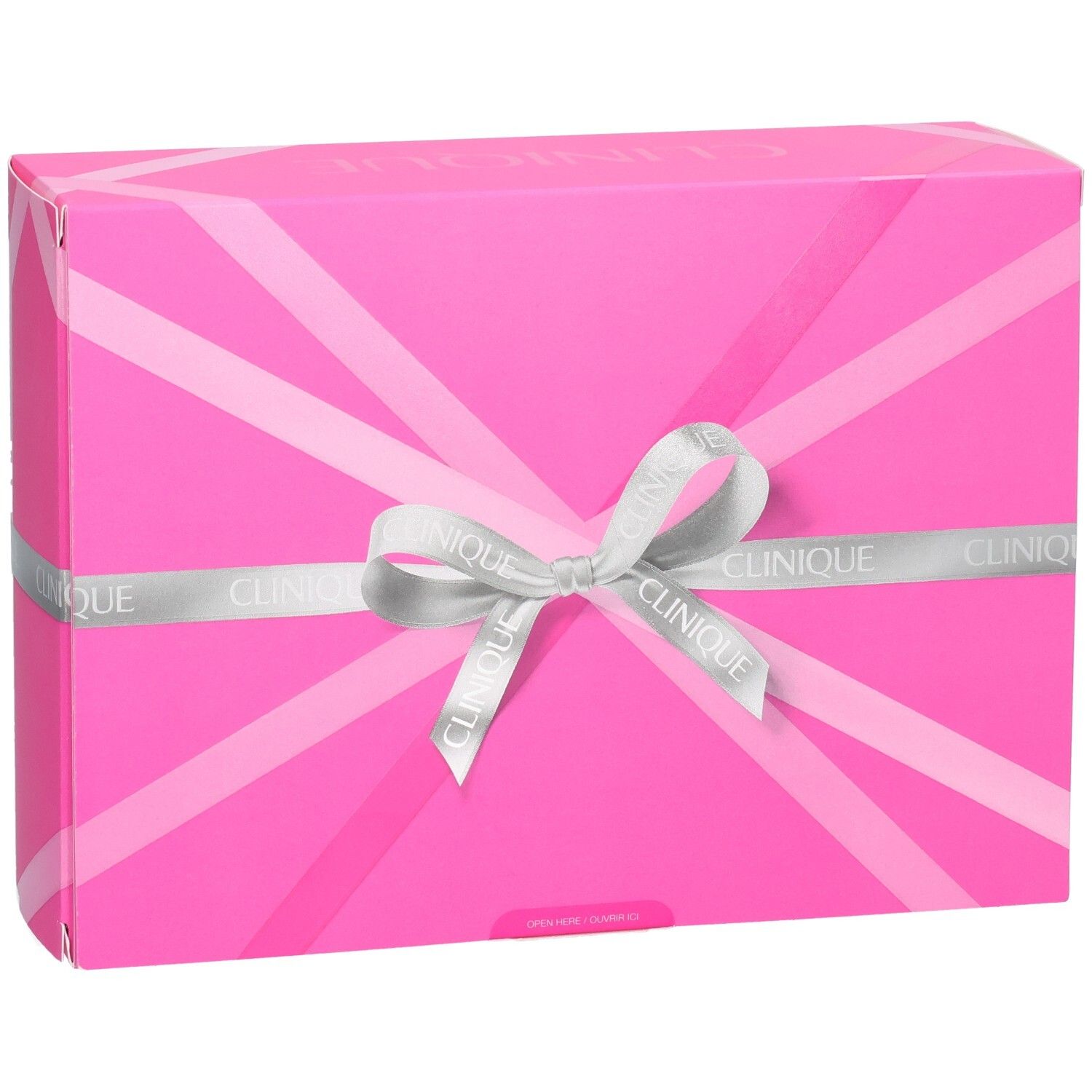 Boîte cadeau Clinique fermée, motif rayures roses, ruban Clinique.