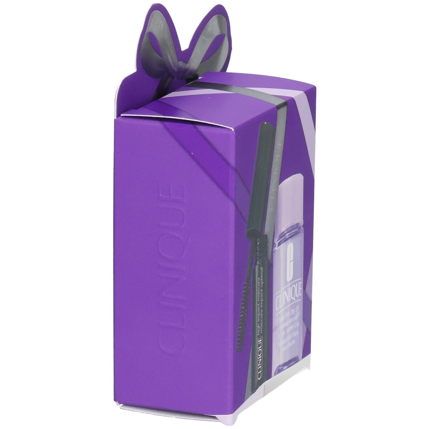 Boîte cadeau Clinique, côté avec mascara et démaquillant.