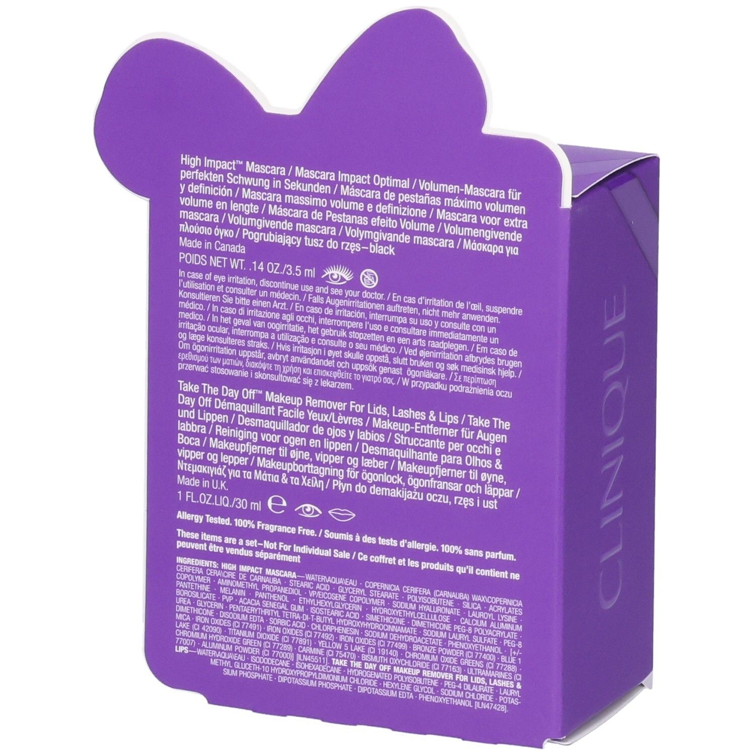 Arrière de la boîte cadeau Clinique avec informations produit.