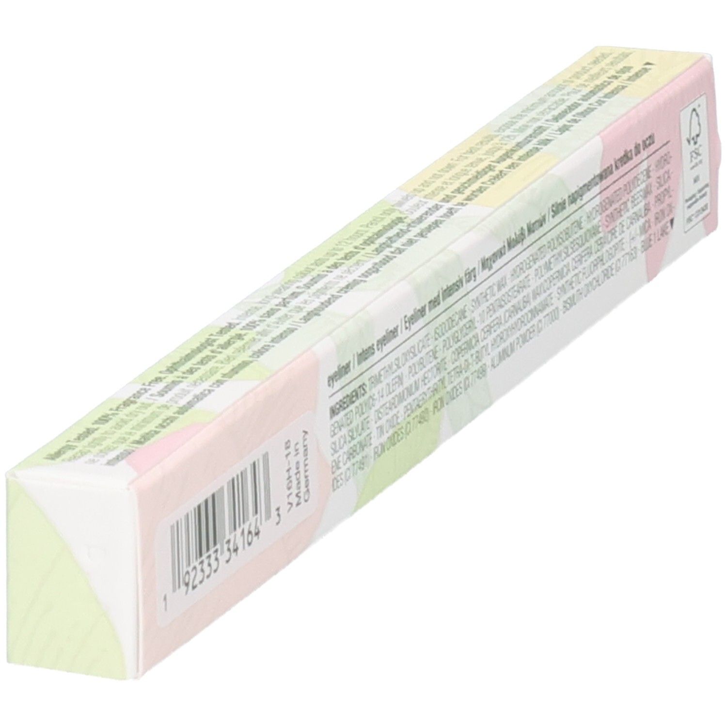 Verpakking van een oogpotlood met bloemenpatroon en ingrediëntenlijst.