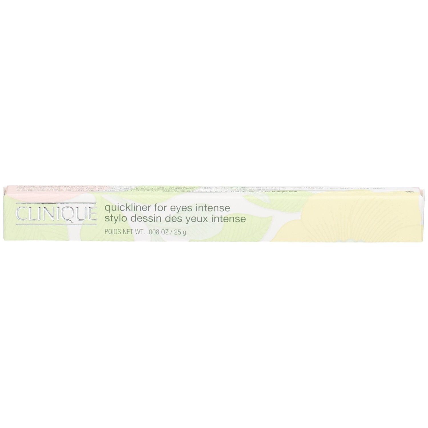 Clinique Quickliner for Eyes Intense eyeliner pen verpakking met bloemenpatroon.