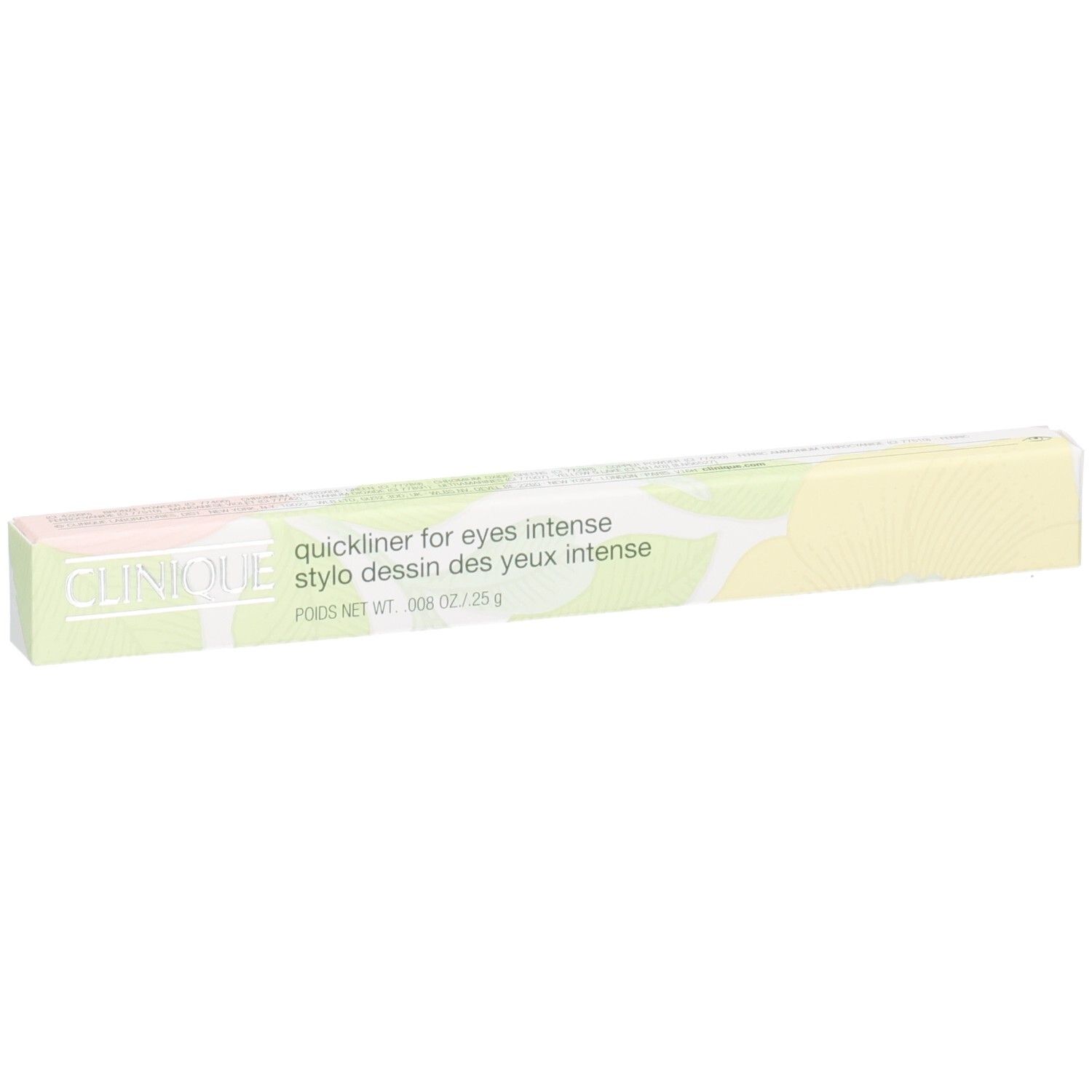 Clinique Quickliner for Eyes Intense eyeliner pen verpakking met bloemenpatroon.