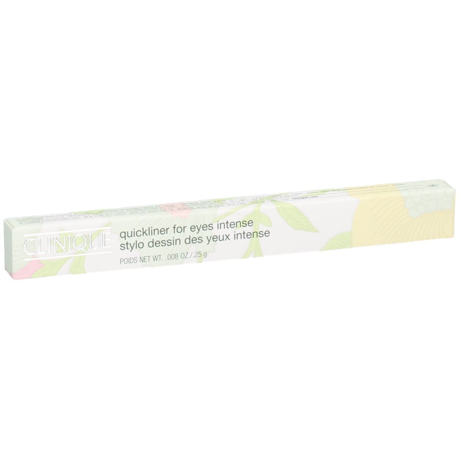 Clinique Quickliner for Eyes Intense eyeliner pen verpakking met bloemenpatroon.