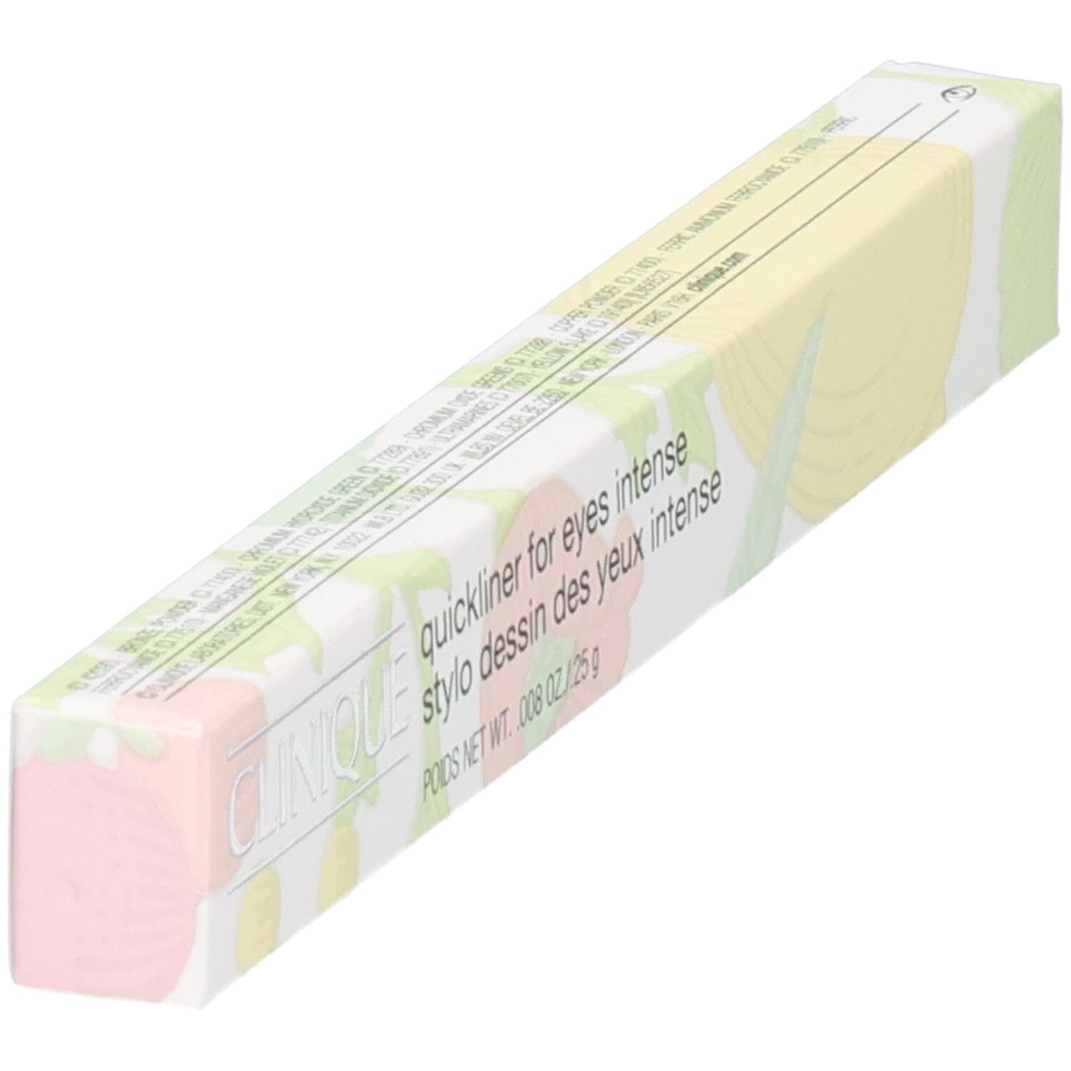 Clinique Quickliner for Eyes Intense, potloodverpakking met bloemenpatroon, zijaanzicht.